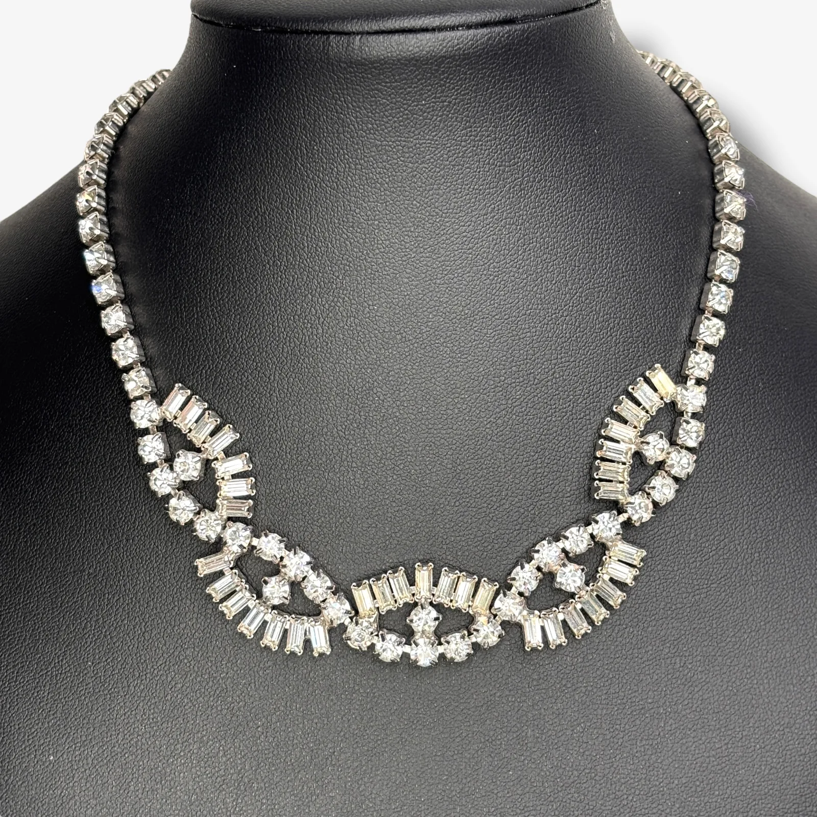 c.1950s Silver Tone Rhinestone Necklace Round and Baguette Cut Prong Set 14"