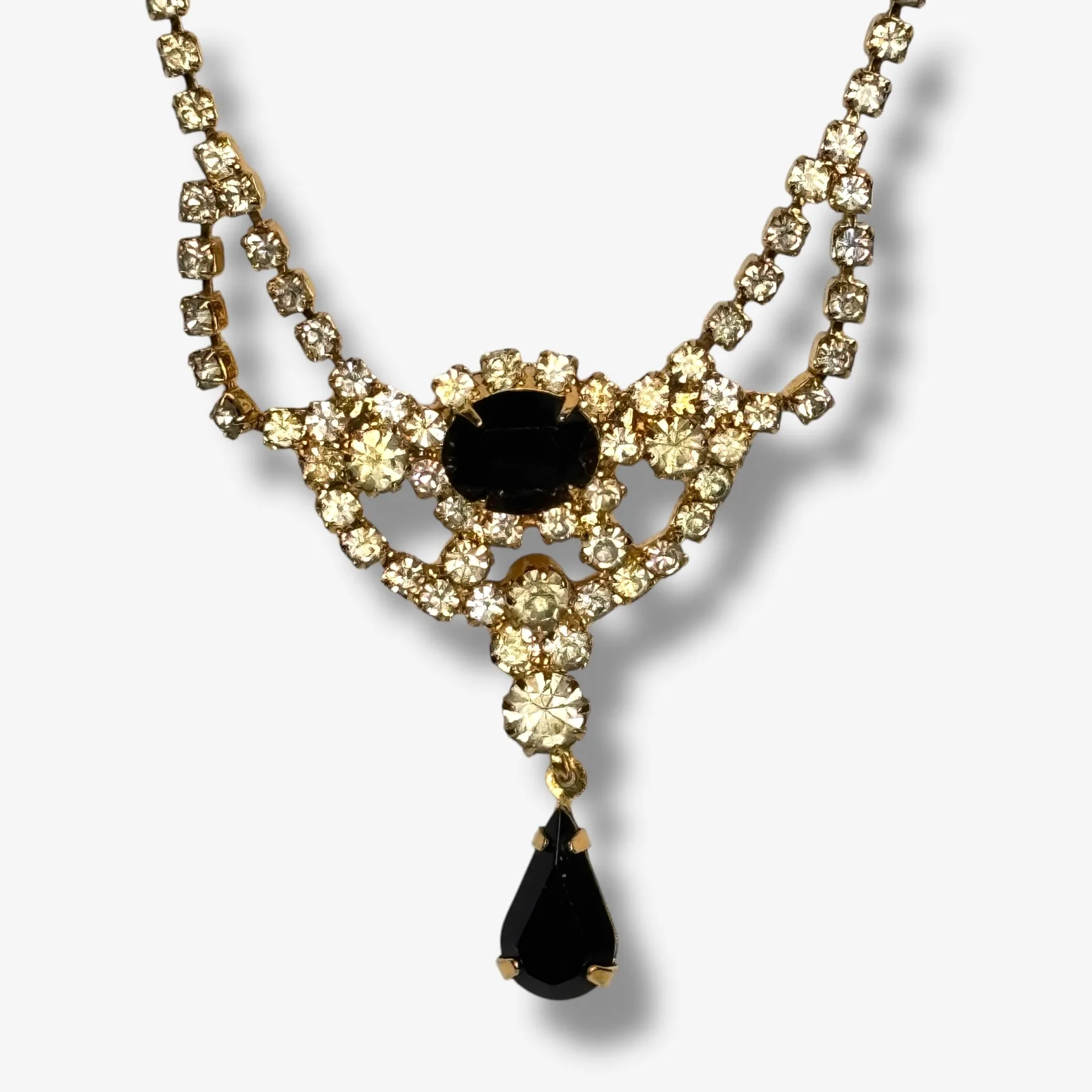 1950s Gold Tone Rhinestone Necklace Black Clear Glass Drop Mid-Century Jewelry