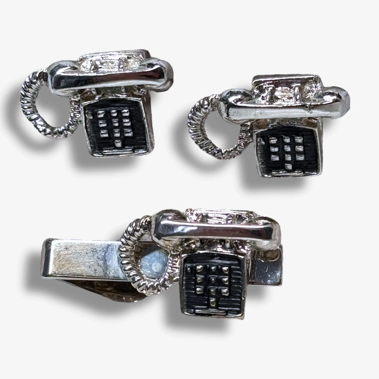 1960s Silver Tone Telephone Cufflinks and Tie Bar Set Vintage Novelty Design