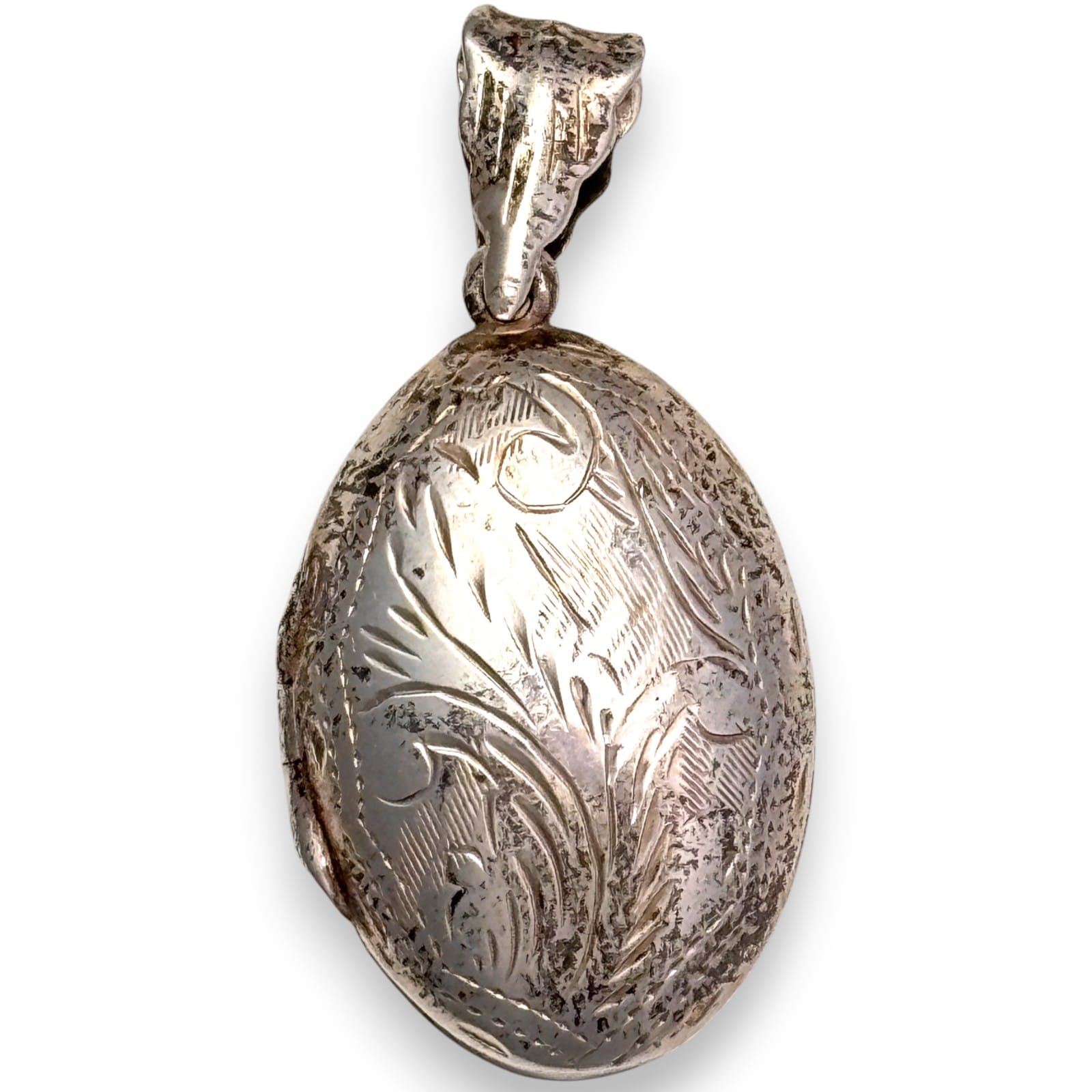 1950s Mid-Century Sterling Silver Oval Photo Locket Pendant Floral Engraved