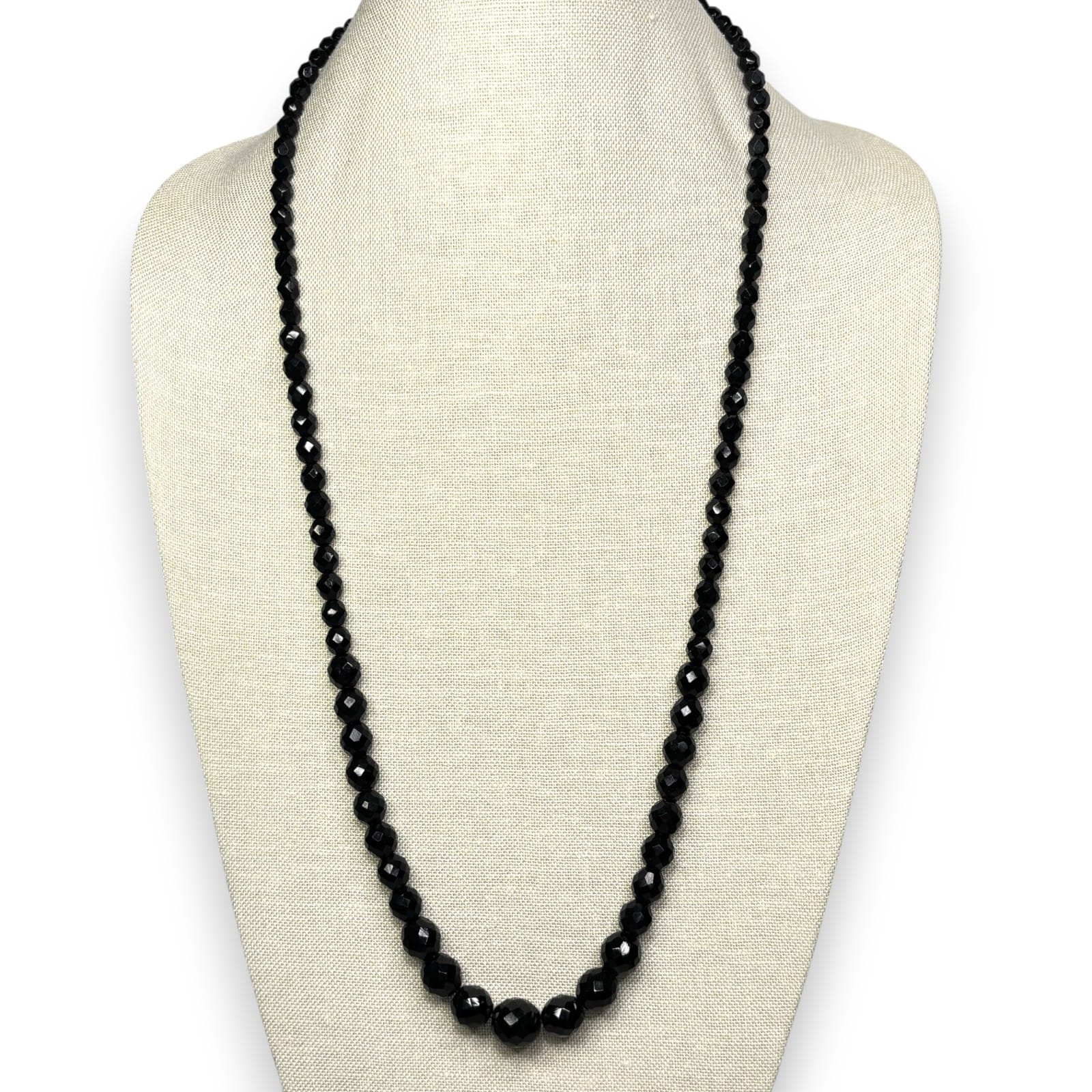 Vintage Black Faceted Glass Bead Necklace 30in Graduated Long Strand c.1950s