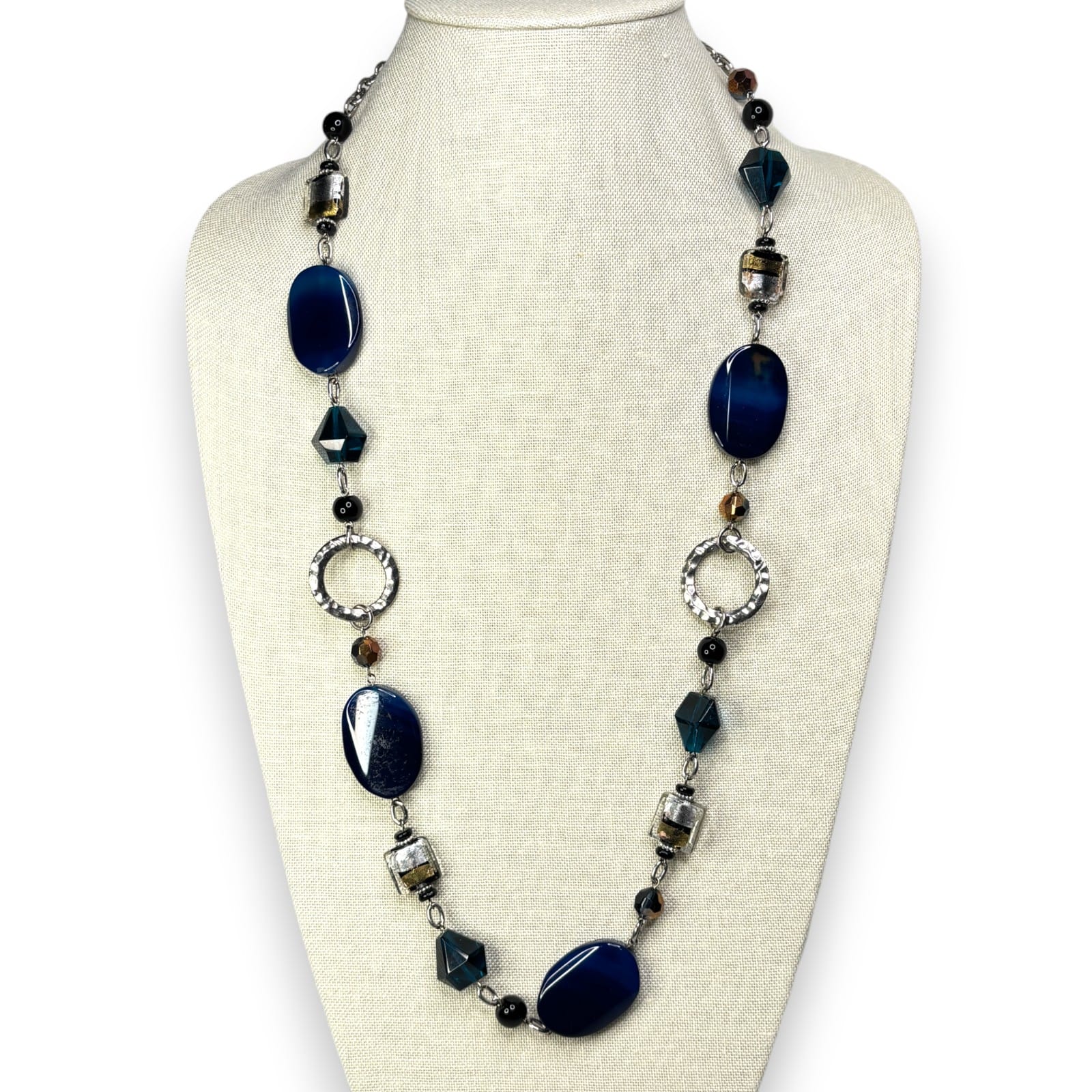 c.2000 Blue Dyed Agate Glass Foil Cube Bead Station Necklace 30" Silver-Tone