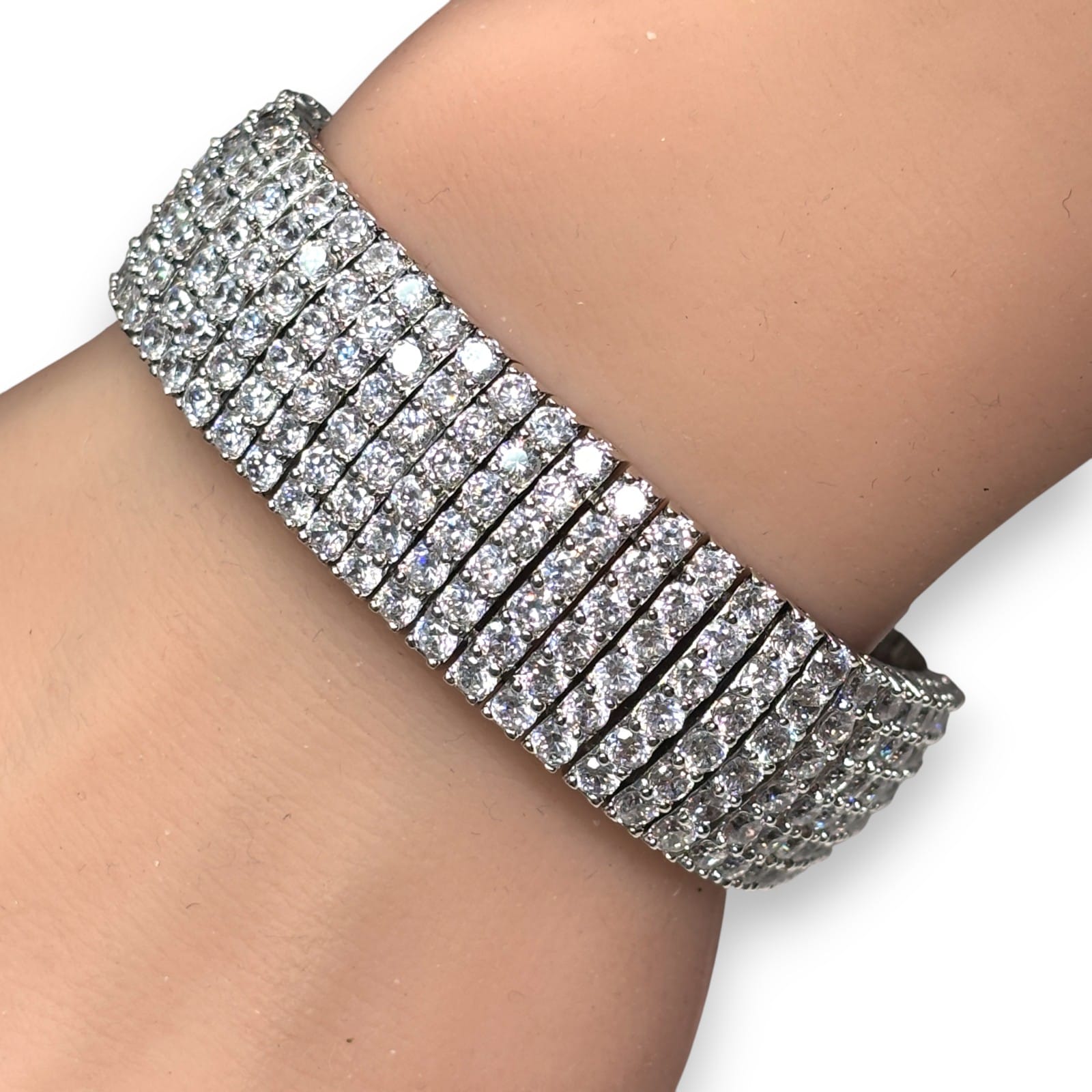 2000s Silver-Tone 6-Row Pave Rhinestone Tennis Bracelet Box Clasp China 7.5"