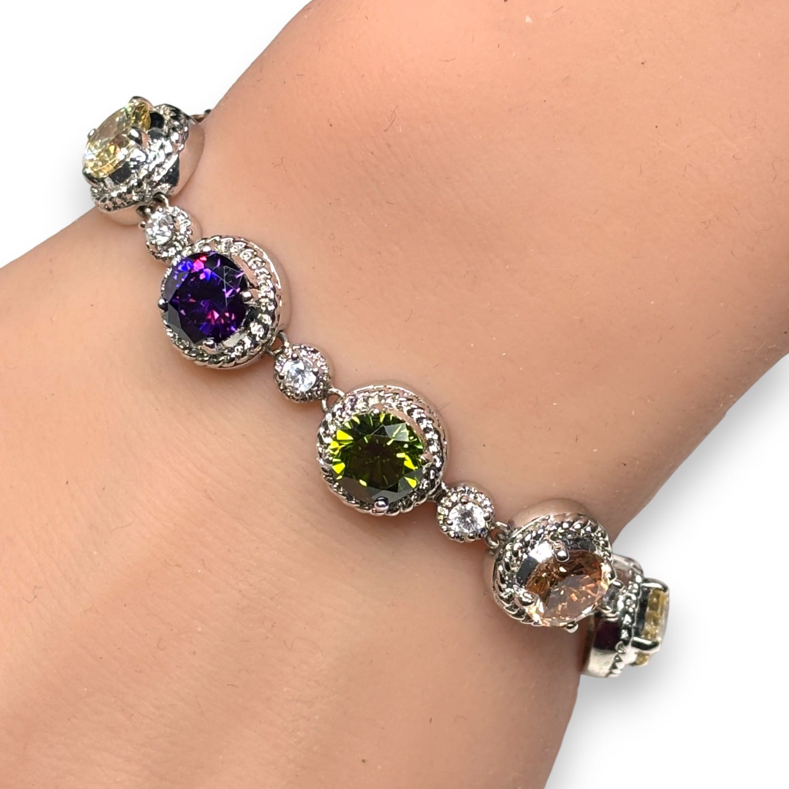 1990s Silver Tone Multicolor Glass Rhinestone Link Bracelet Box Clasp Safety