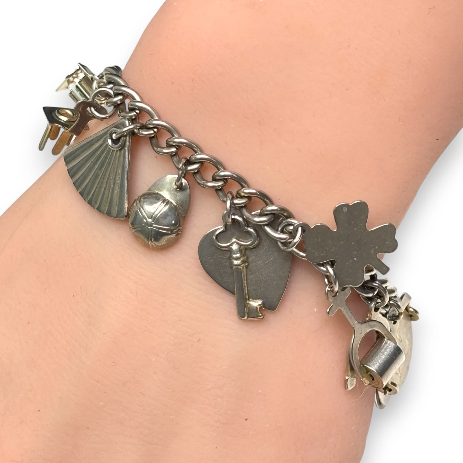 1950s Coro Silver-Tone Charm Bracelet 6.5" My Diary Lie Detector Key Ladder