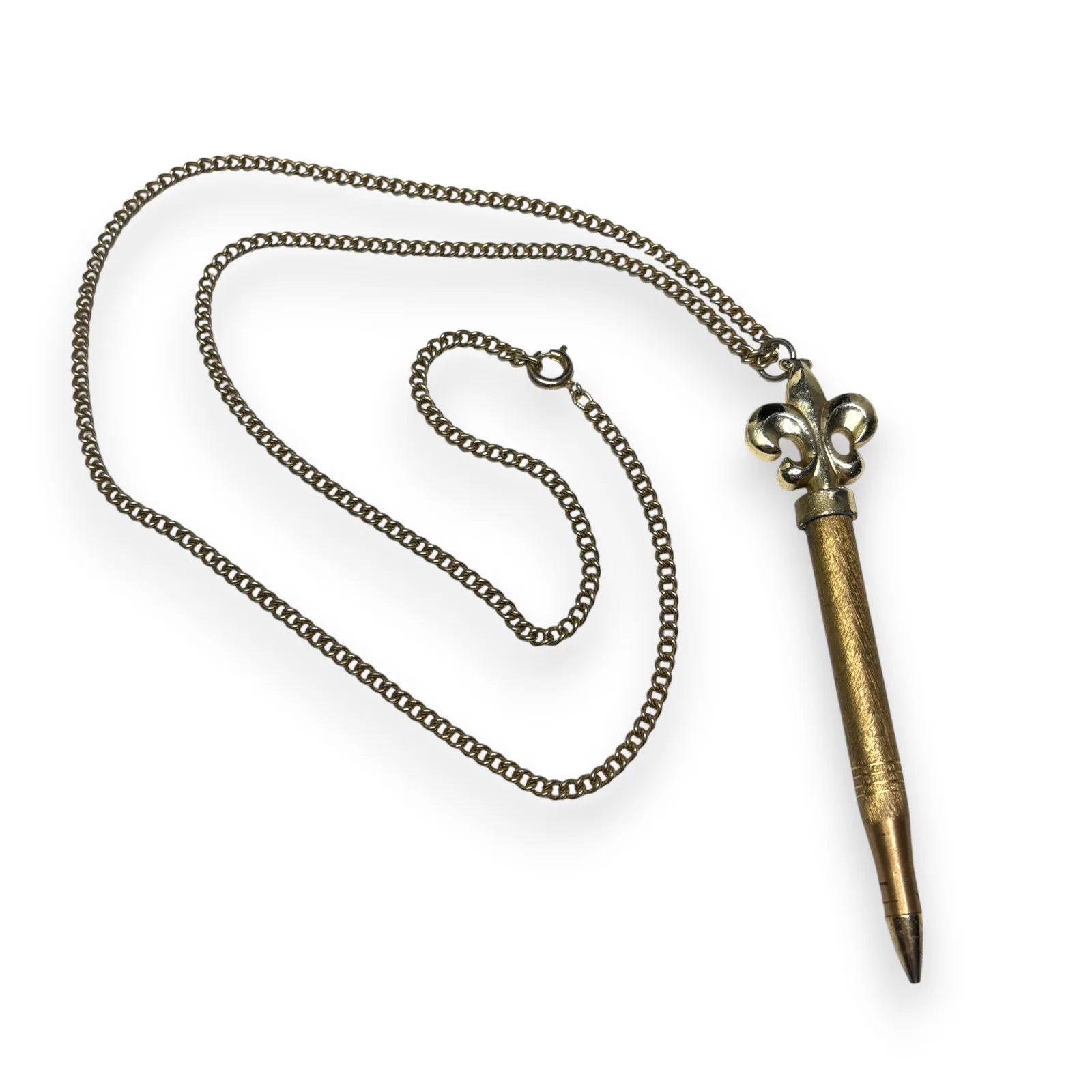 Mid-Century Gold Tone Fleur-de-Lis Mechanical Pencil Pendant Necklace 24in Chain