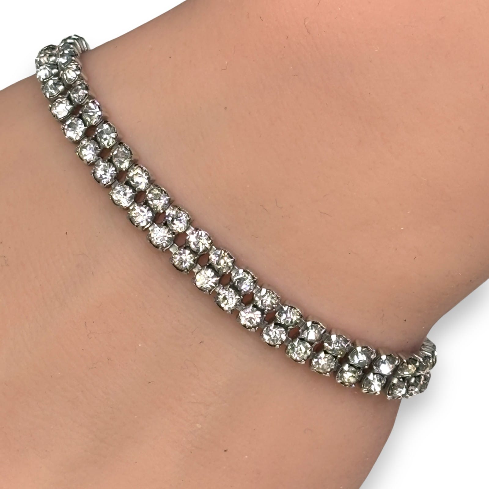 Kramer Silver-Tone Rhinestone Tennis Bracelet Safety Chain mid-century c.1955