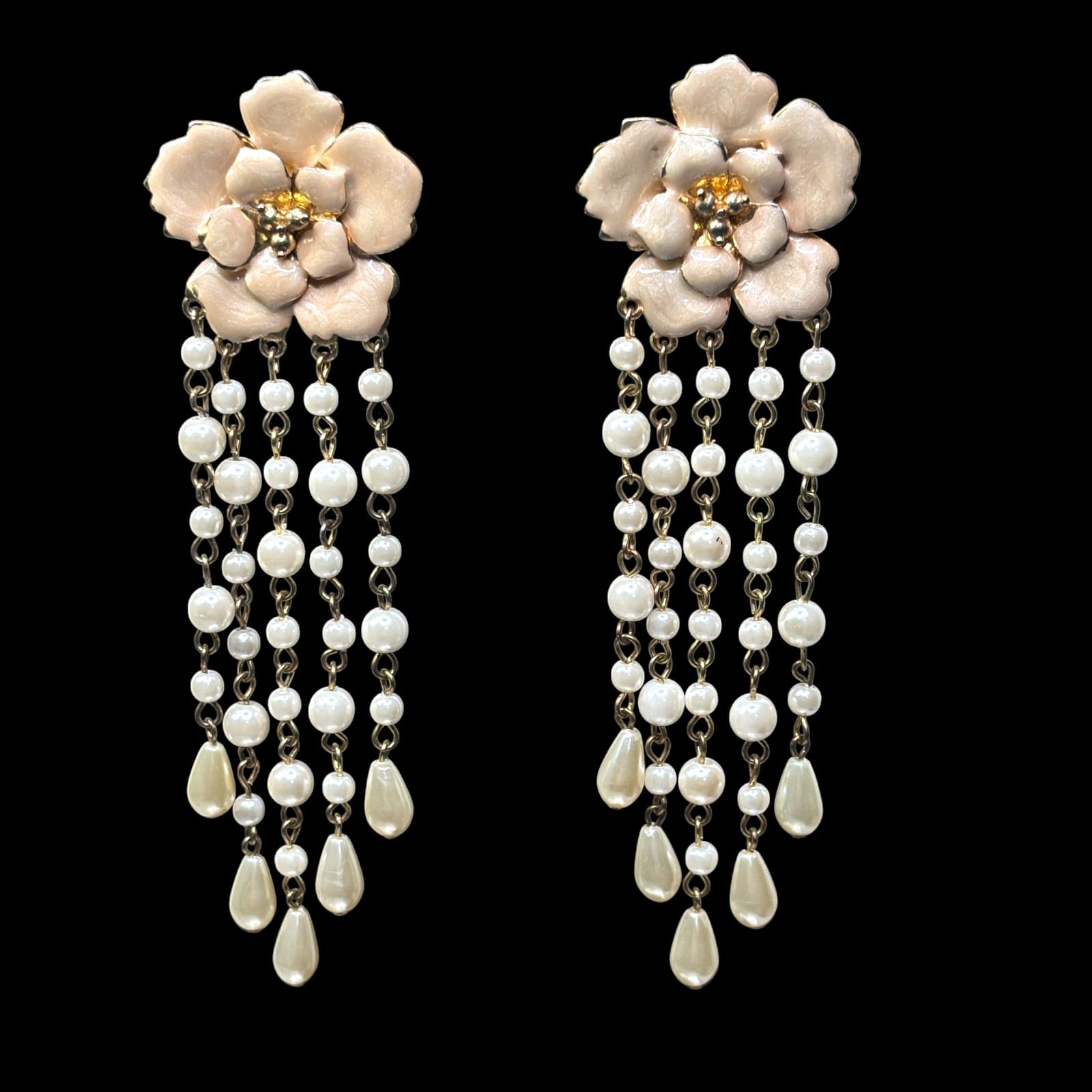1980s Beige Enamel Flower Chandelier Earrings Long Faux Pearl Teardrop Dangles