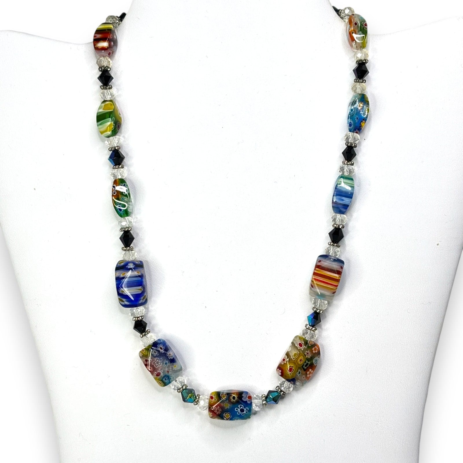 c.2000s Millefiori Style Art Glass Bead Necklace Crystal Spacers 15" w/ Extender