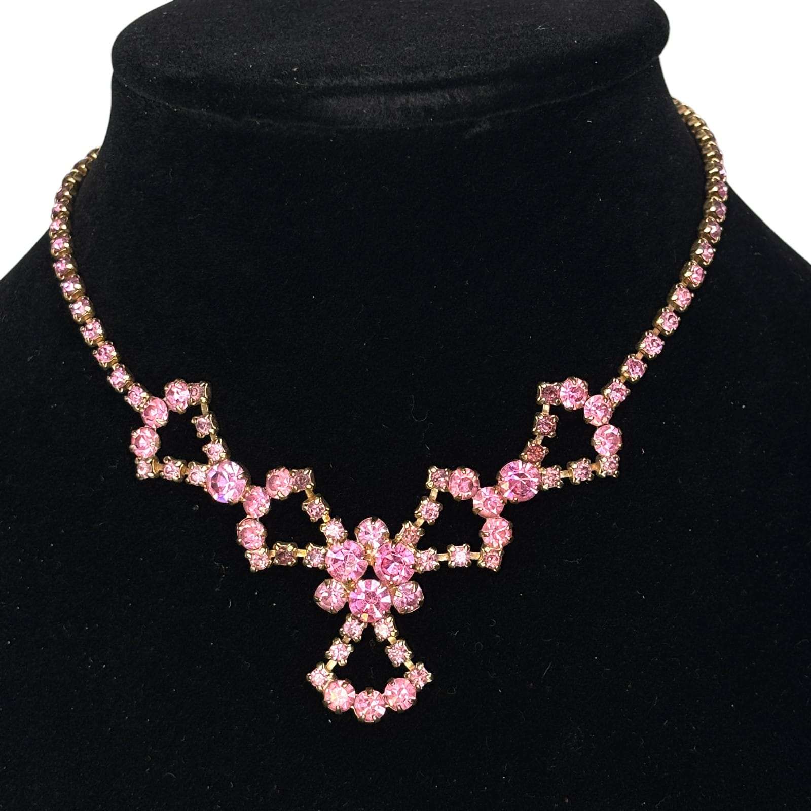 Vintage Pink and Purple Glass Rhinestone Gold Tone Necklace c.1950s Hook Clasp