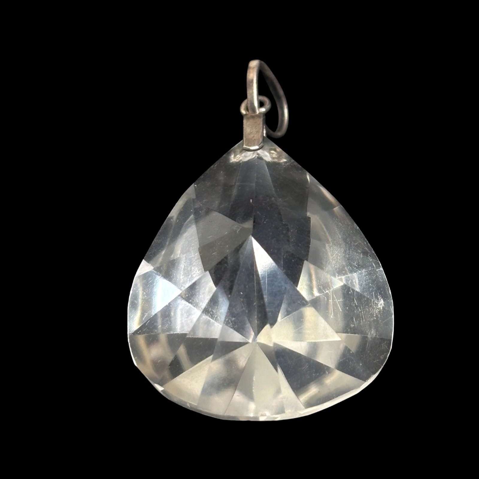 Mid-Century Rivoli Cut Rock Crystal Teardrop Pendant 1.75" Silver-Tone Bale