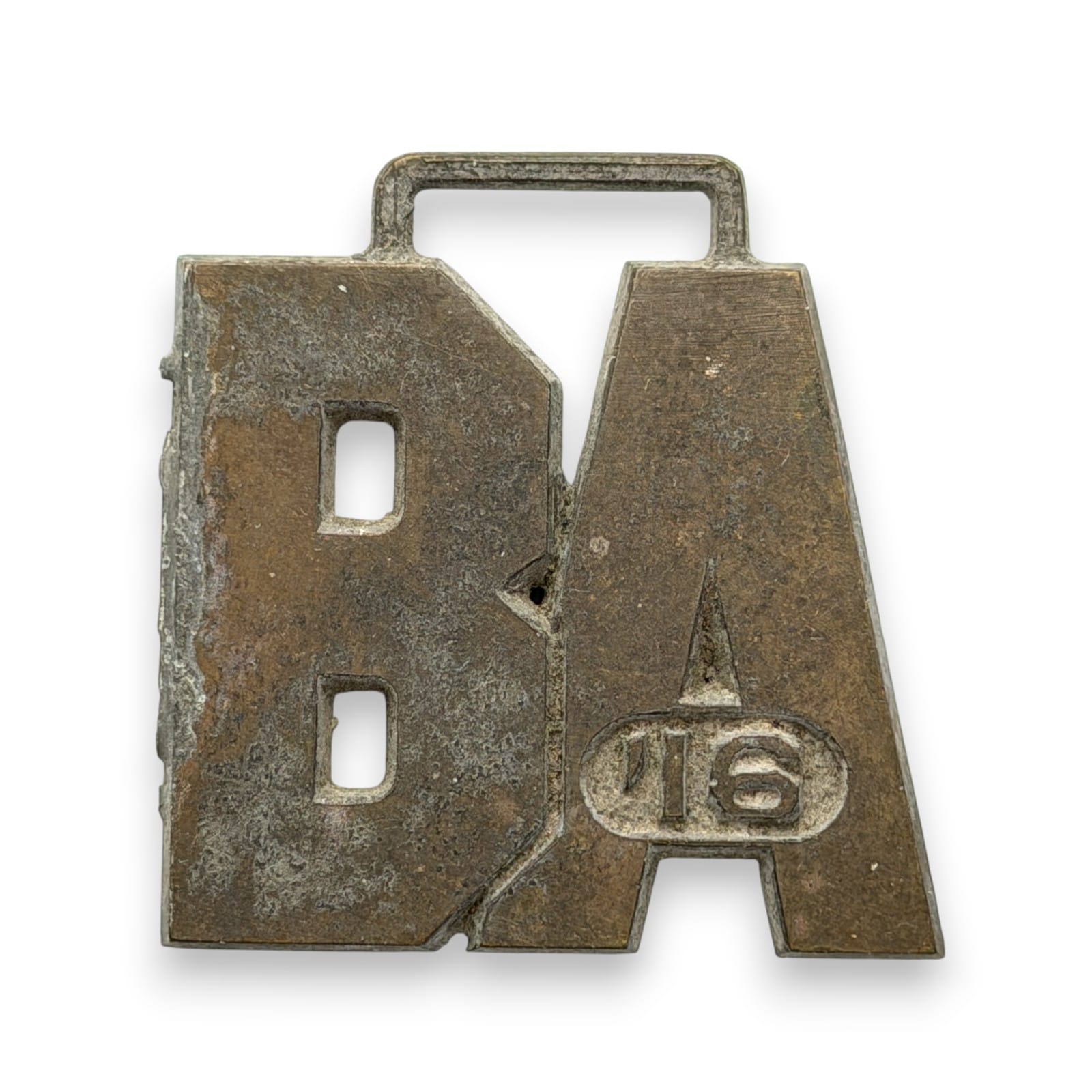 Antique 1916 Brass Pocket Watch Fob BA Initial Monogram Broken Left Side 39mm