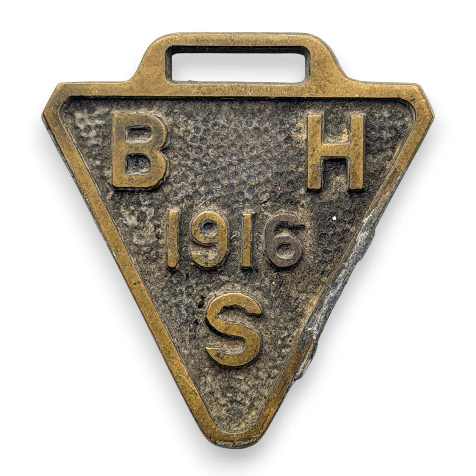 Antique Brass High School Watch Fob BHS 1916 Triangle Strap Slot Pendant 46mm