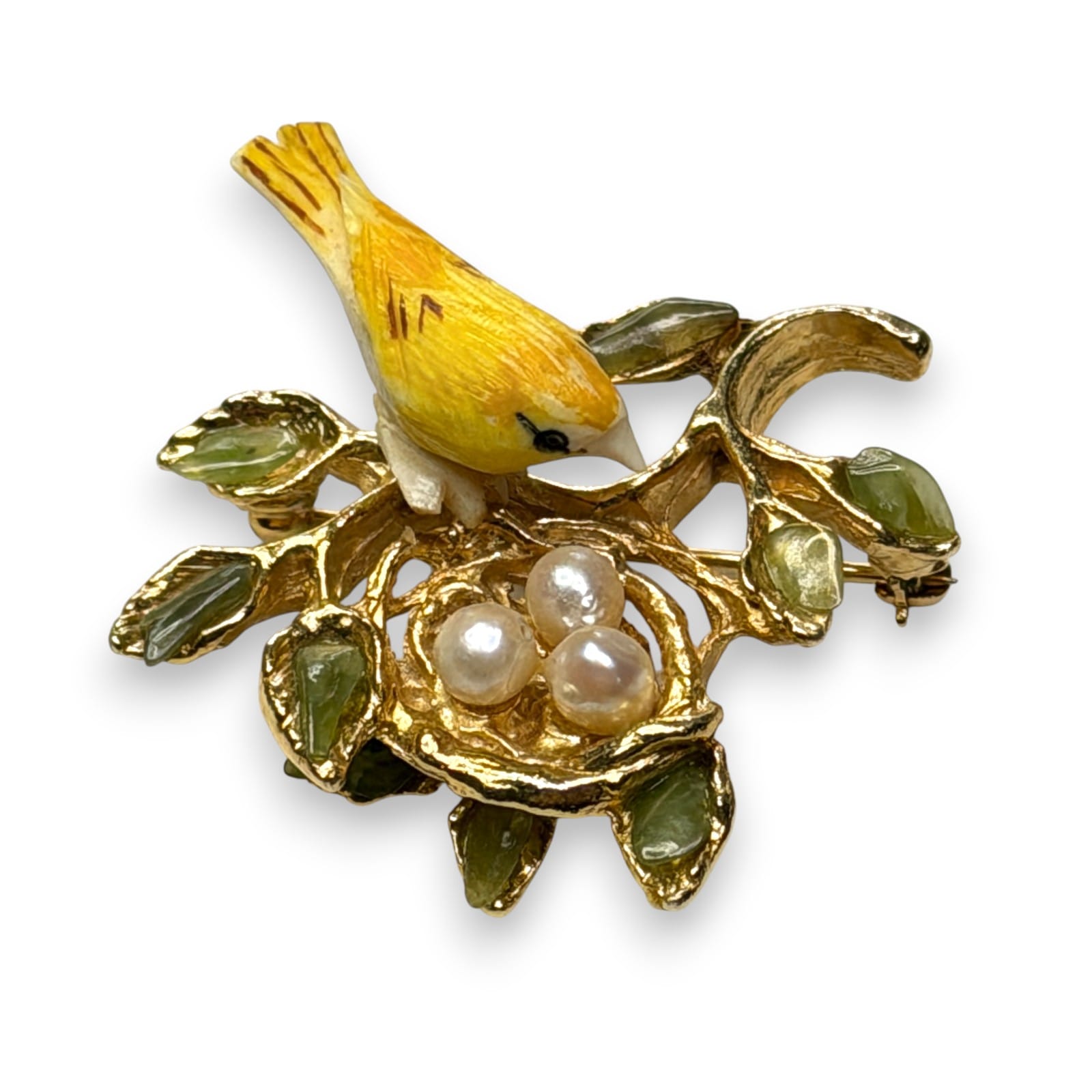 1960s Gold Tone Bird Nest Branch Brooch Stone Leaves Pearl Eggs Svoboda Style