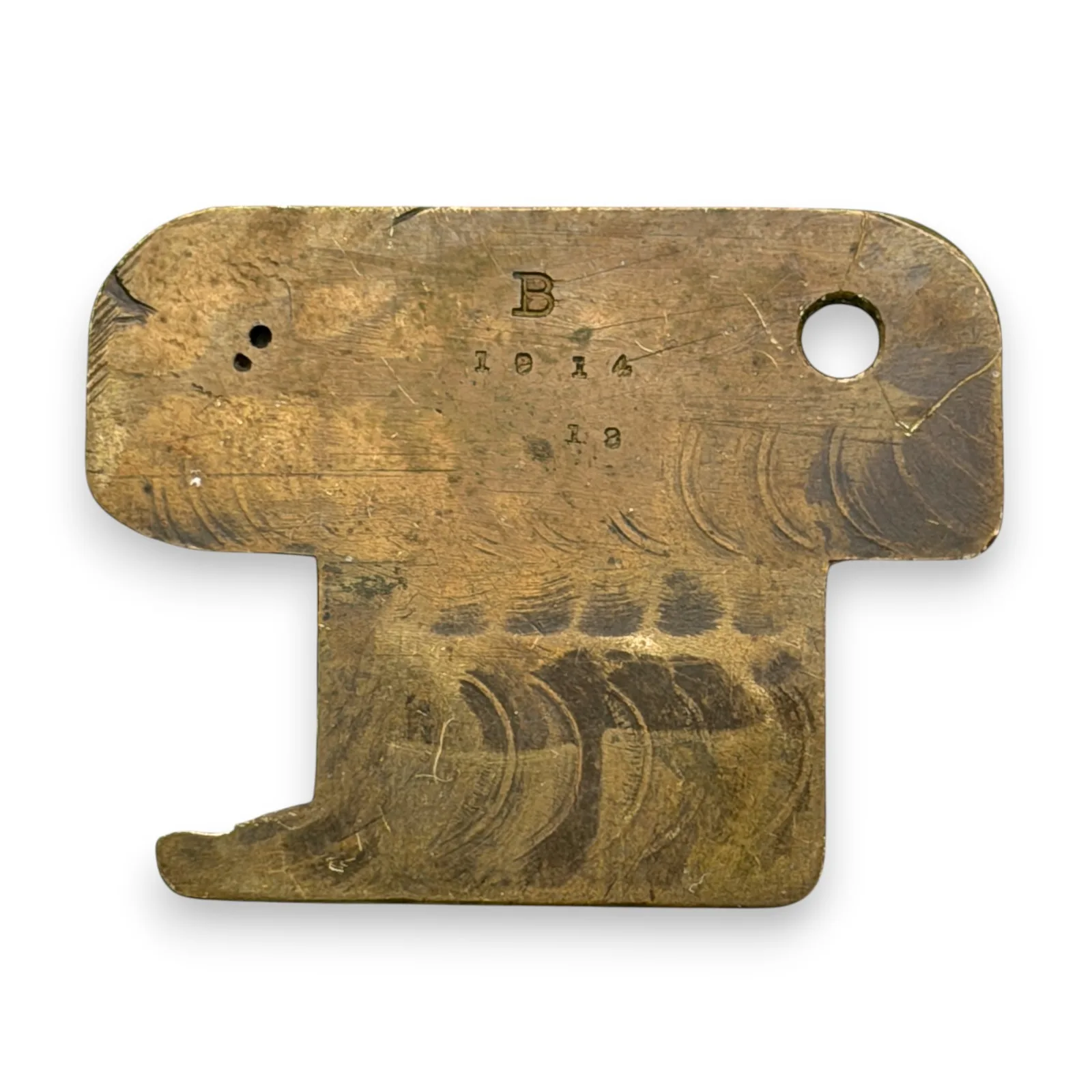 Antique 1914 Brass Flat Cabinet Or Padlock Key 41mm Locksmith Blank Stamped B 18