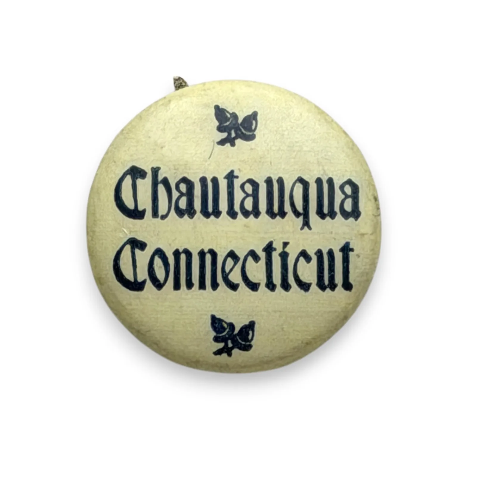 c.1910s Chautauqua Connecticut Celluloid Pinback Button 19mm Black Text Souvenir