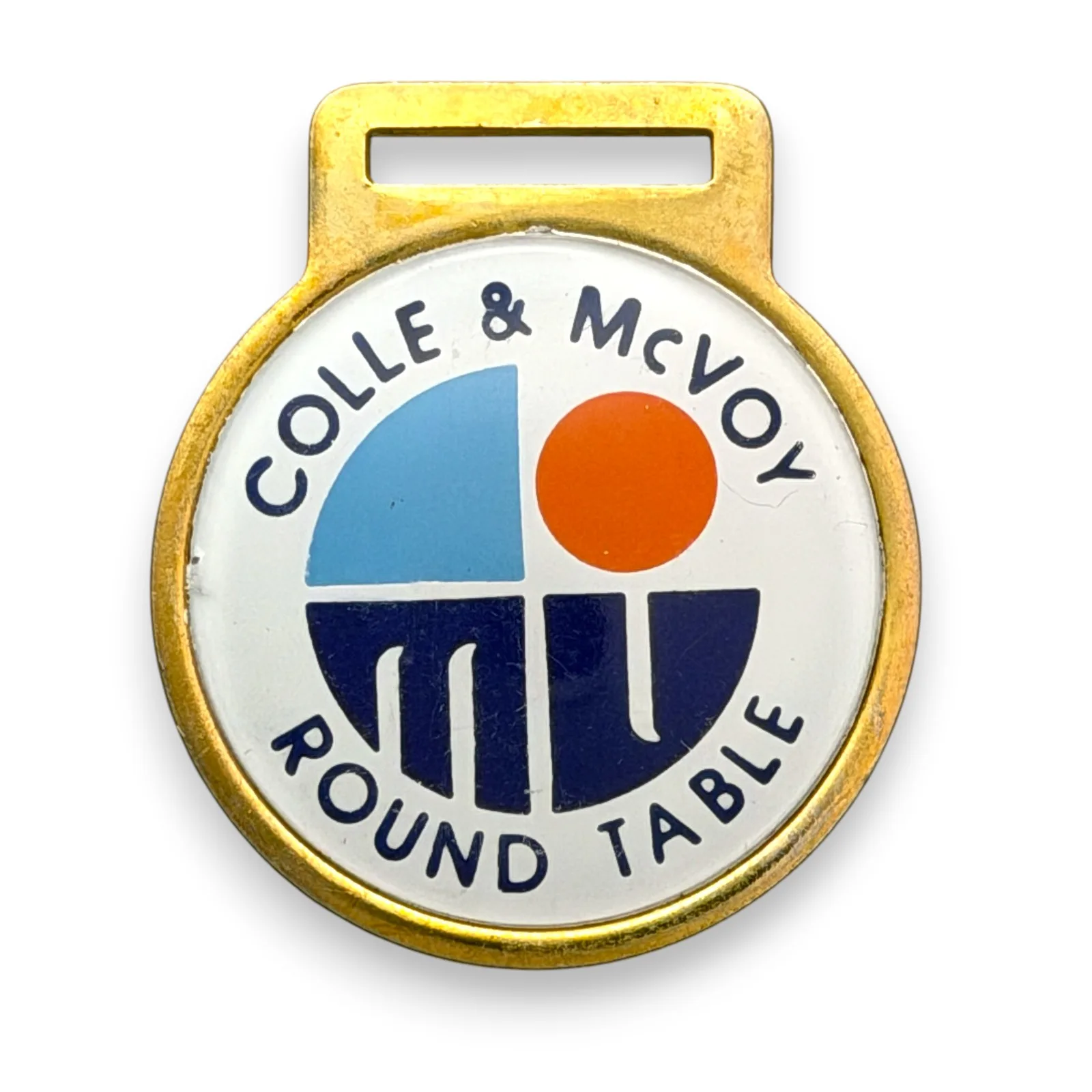 1990s Colle & McVoy Round Table Logo Watch Fob Keychain Gold Tone Acrylic 37mm