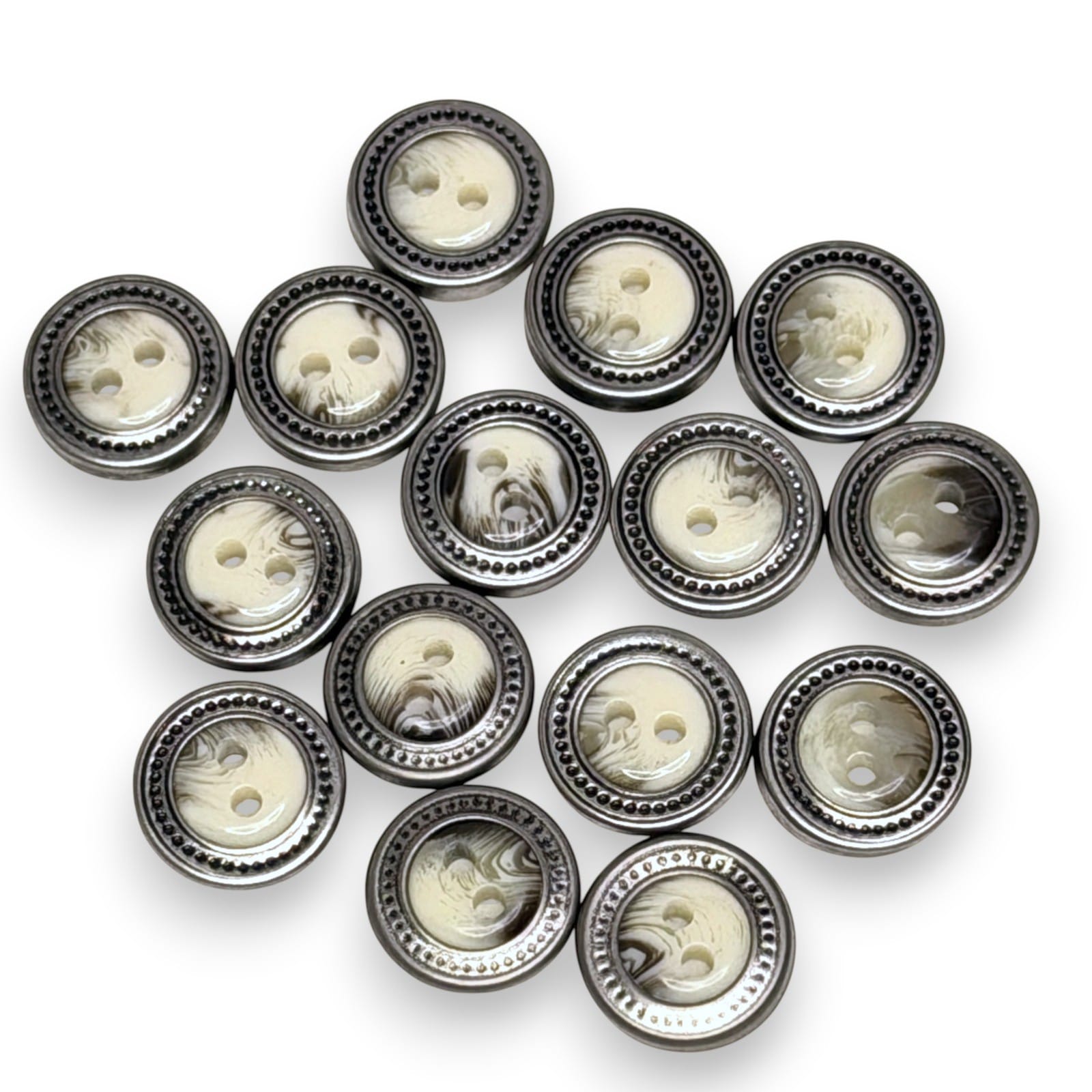 12mm Shell Buttons in Silver Tone Rings 1950s Two Hole Sew Through Lot Of 15