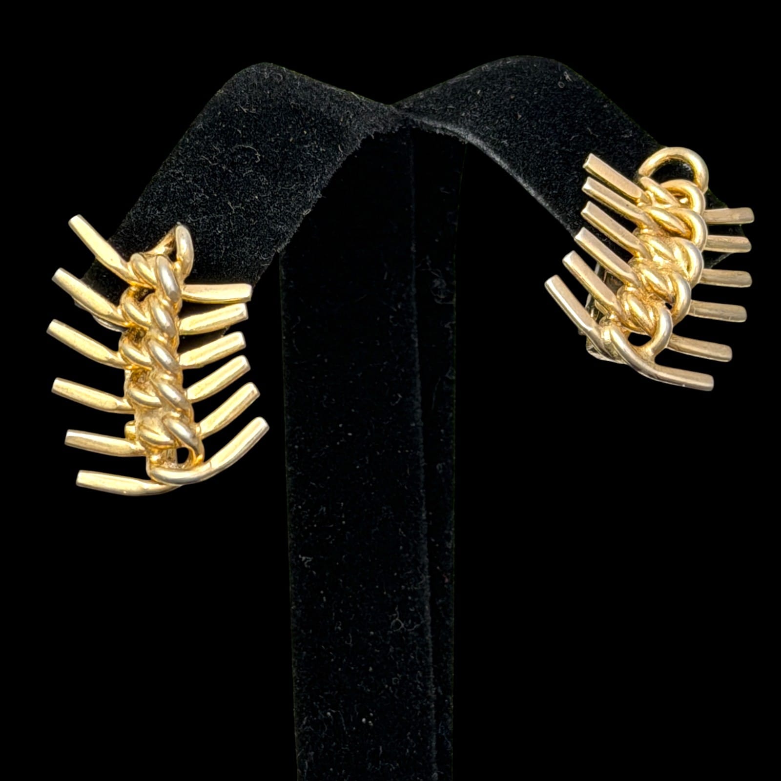 Vintage Coro Signed Gold Tone Fishbone Clip-On Earrings Mid-Century 1950s MCM