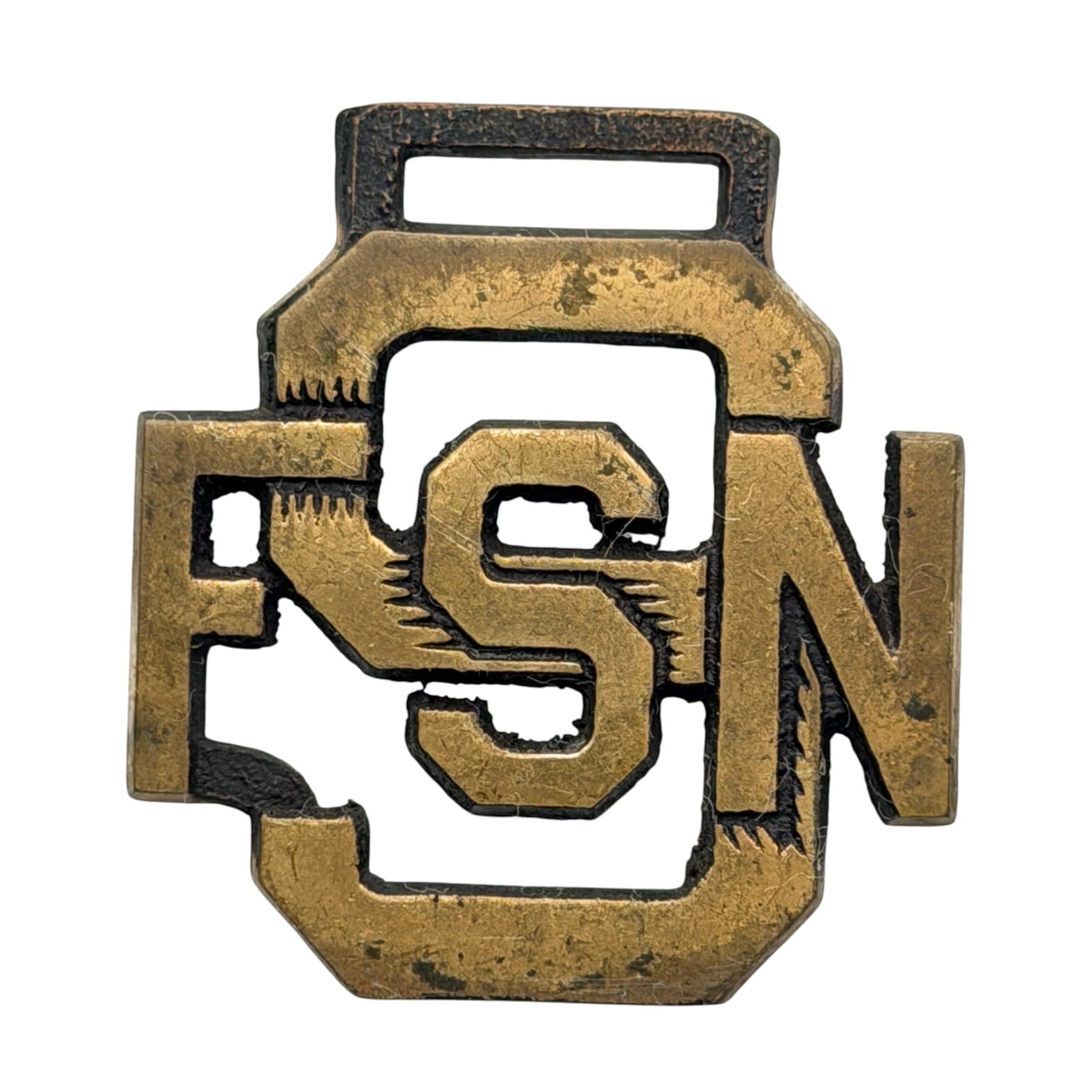c.1920s FSN Monogram Brass School Watch Fob Pendant Cutout Letter Design 39mm