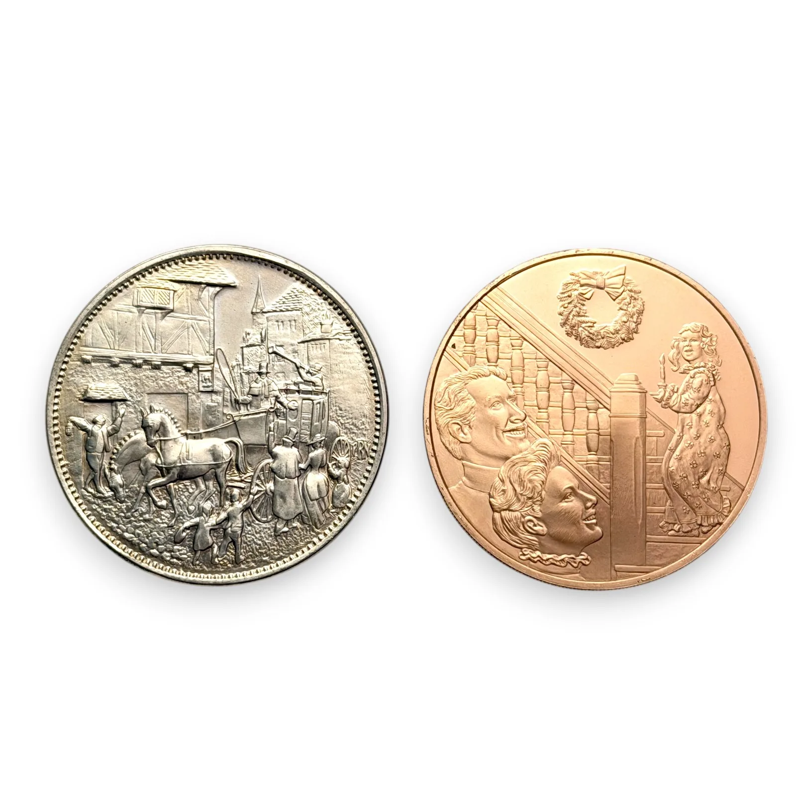 1970s Franklin Mint Christmas Scenes Art Medals 39mm Silver Rose Tone Lot of 2