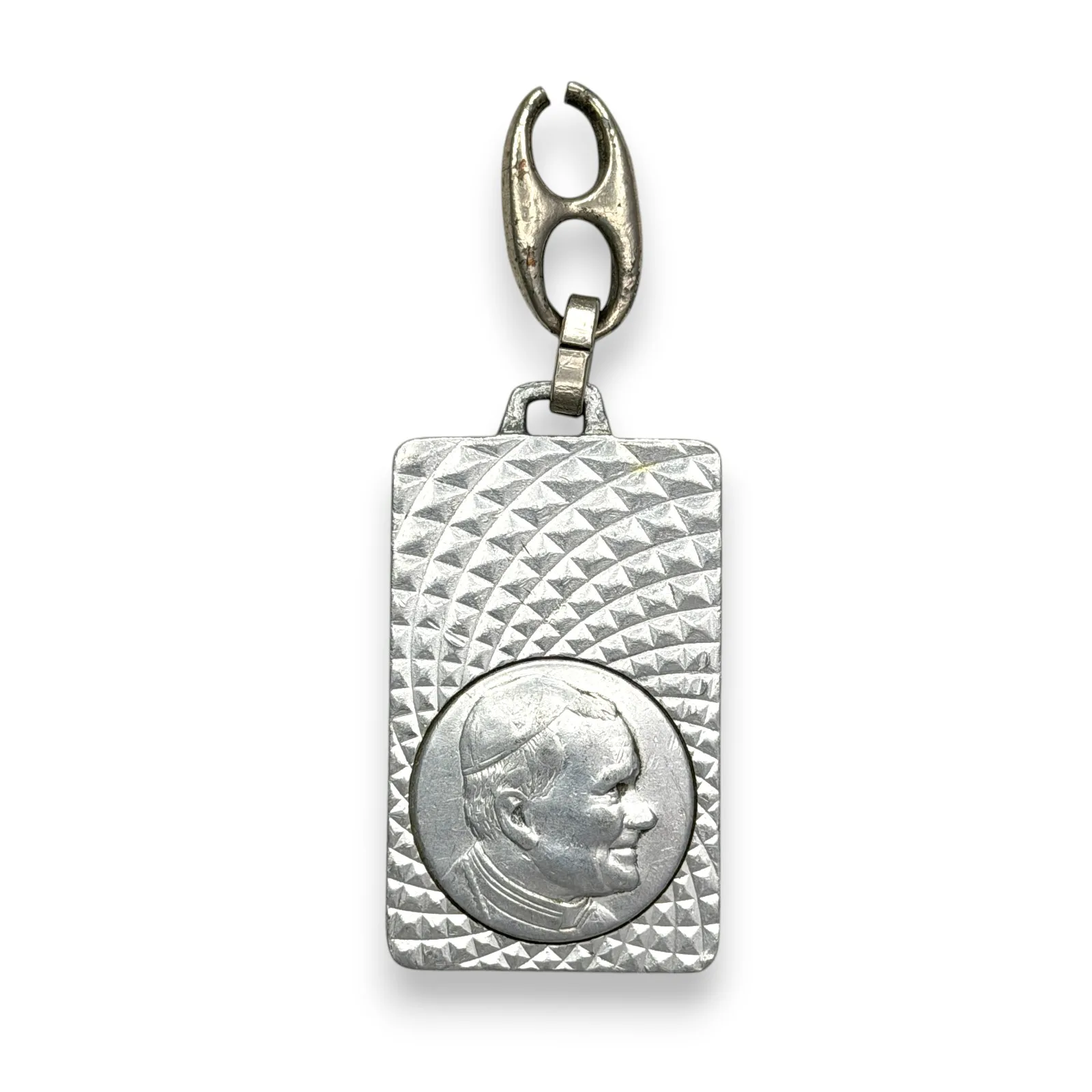 1980s Pope John Paul II Vatican Roma Medal Keychain Silver-Tone Rectangular Fob