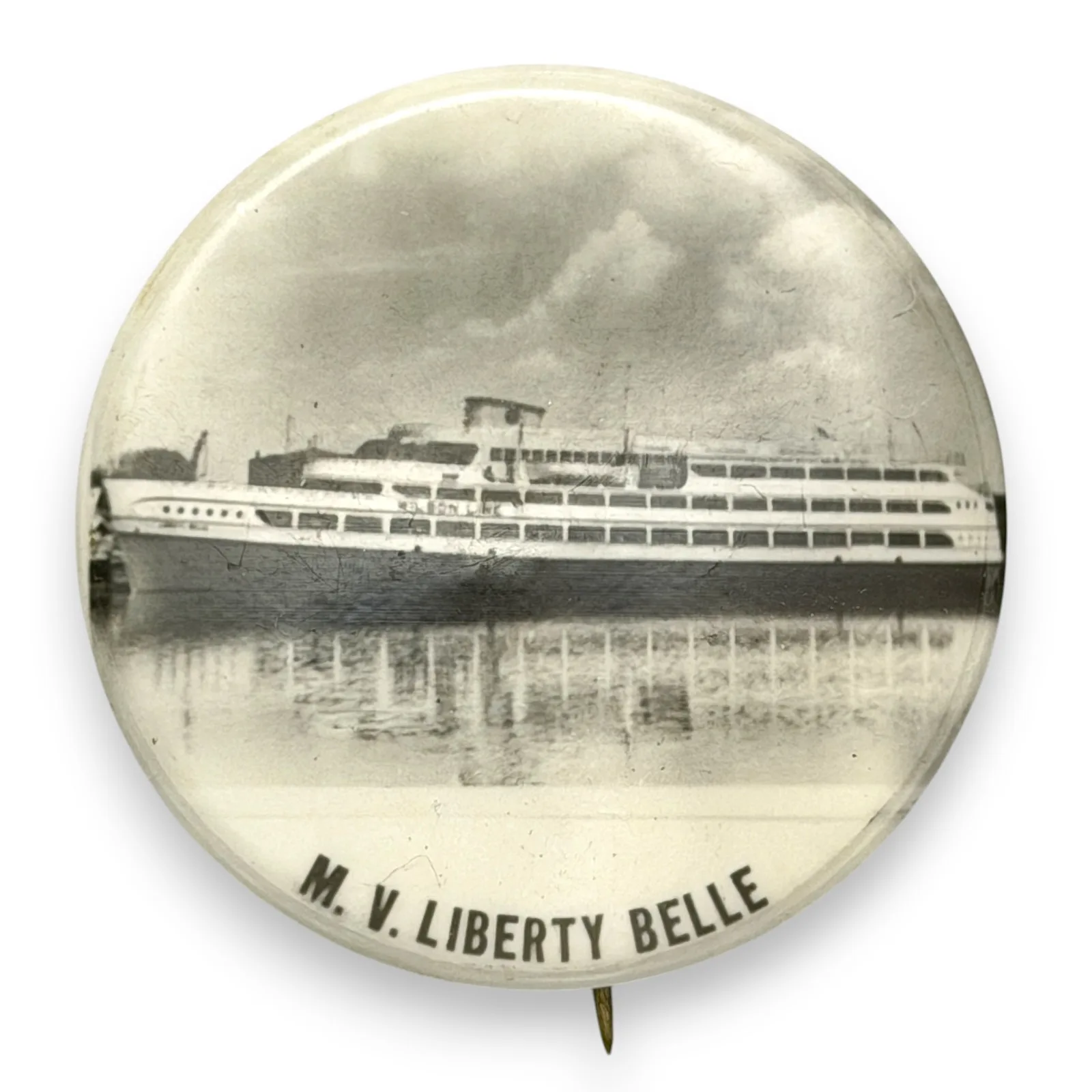 c.1950s M.V. Liberty Belle Excursion Ship Photo Celluloid Pinback Button 1.75"