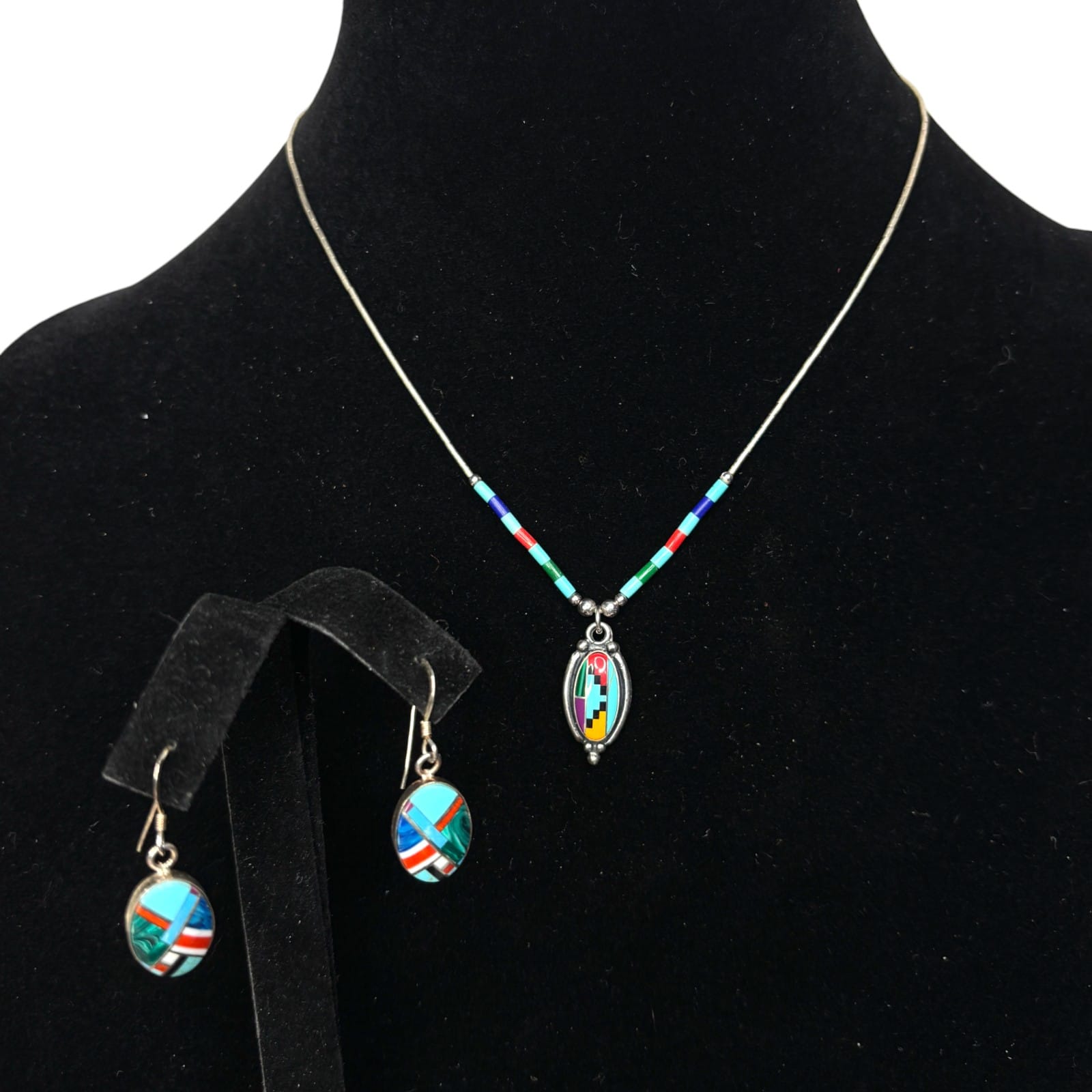Vintage Sterling Acrylic Inlay Necklace Earrings Set Southwestern Style c.1980s
