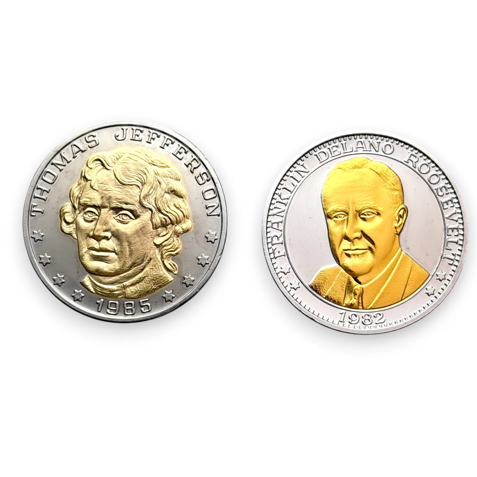 1980s Presidential Commemorative Bi-Tone Medal Jefferson Roosevelt 39mm Lot of 2