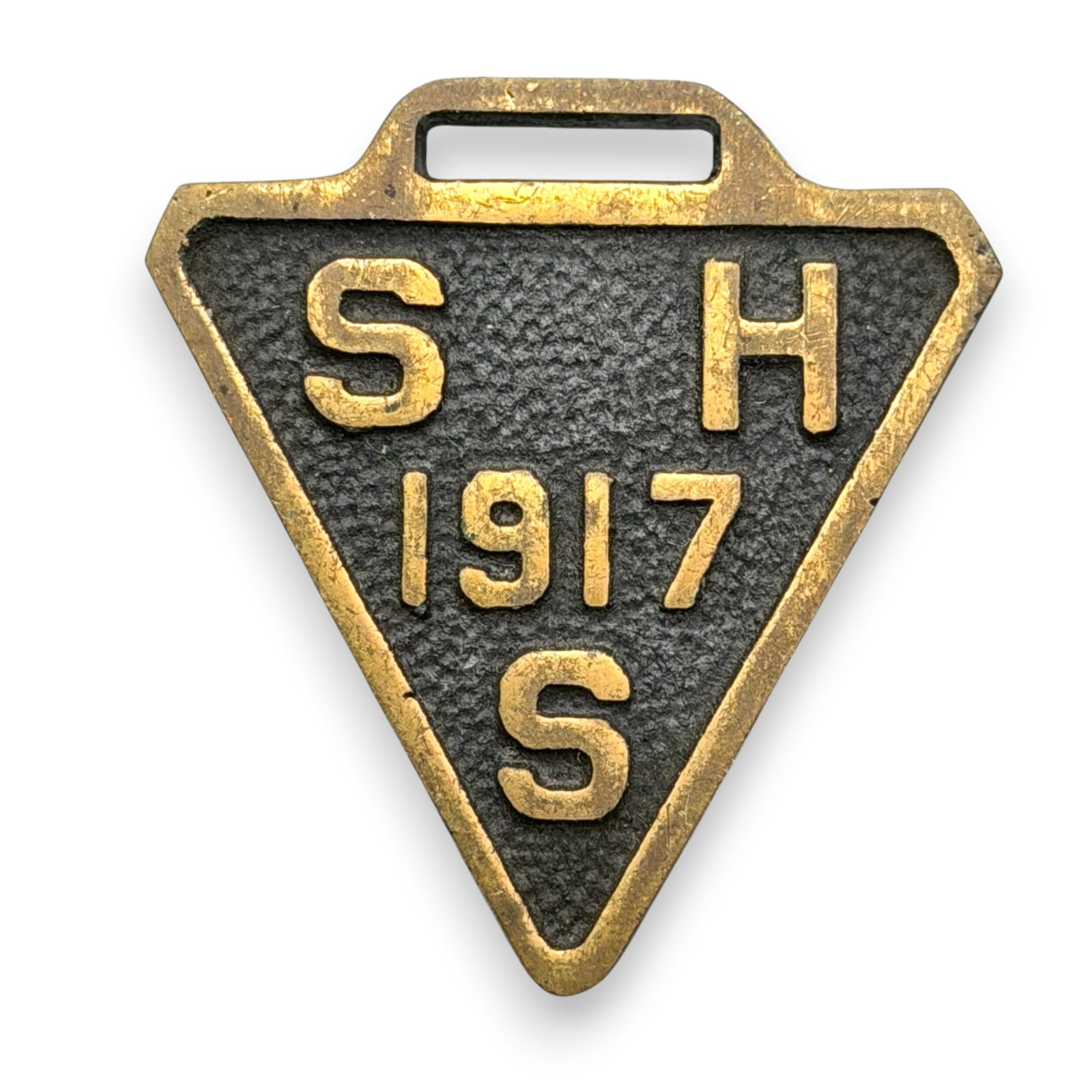 Antique 1917 SHS Watch Fob Pendant 45mm Brass Black Enamel School Lettering