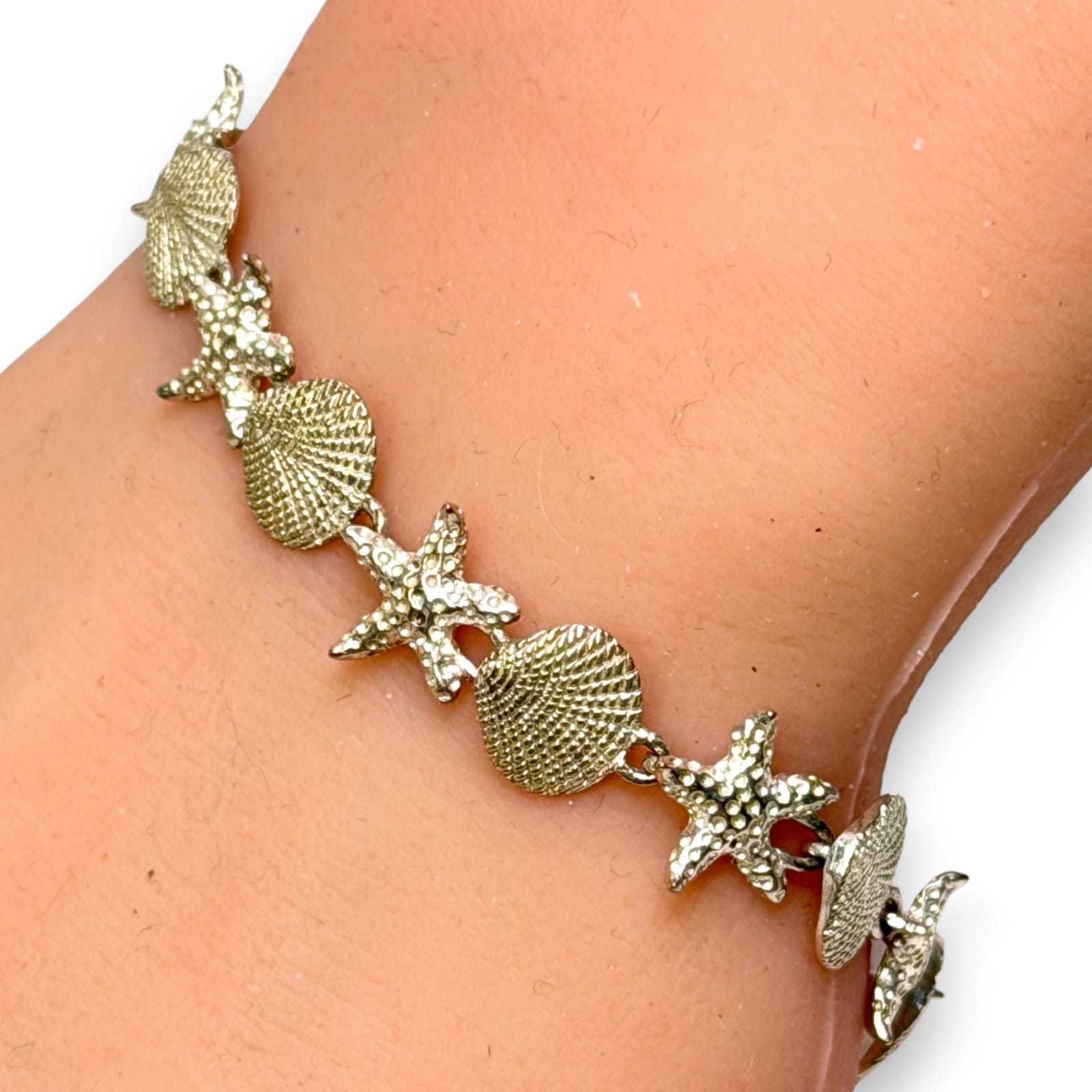 1990s Sterling Silver Starfish Shell Coastal Link Bracelet 7" 925 Lobster Clasp