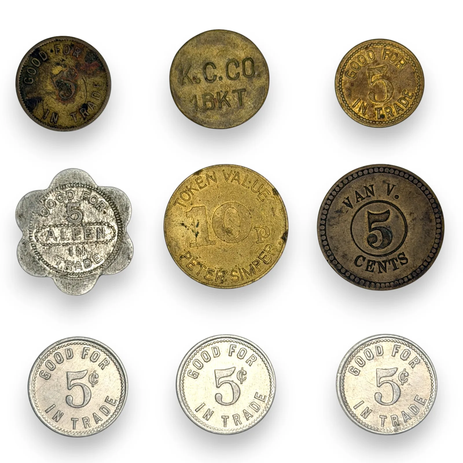 9pc Trade Token Lot c.1900s-1990s Kirby Canning Orondo Wenatchee Simper Tokens