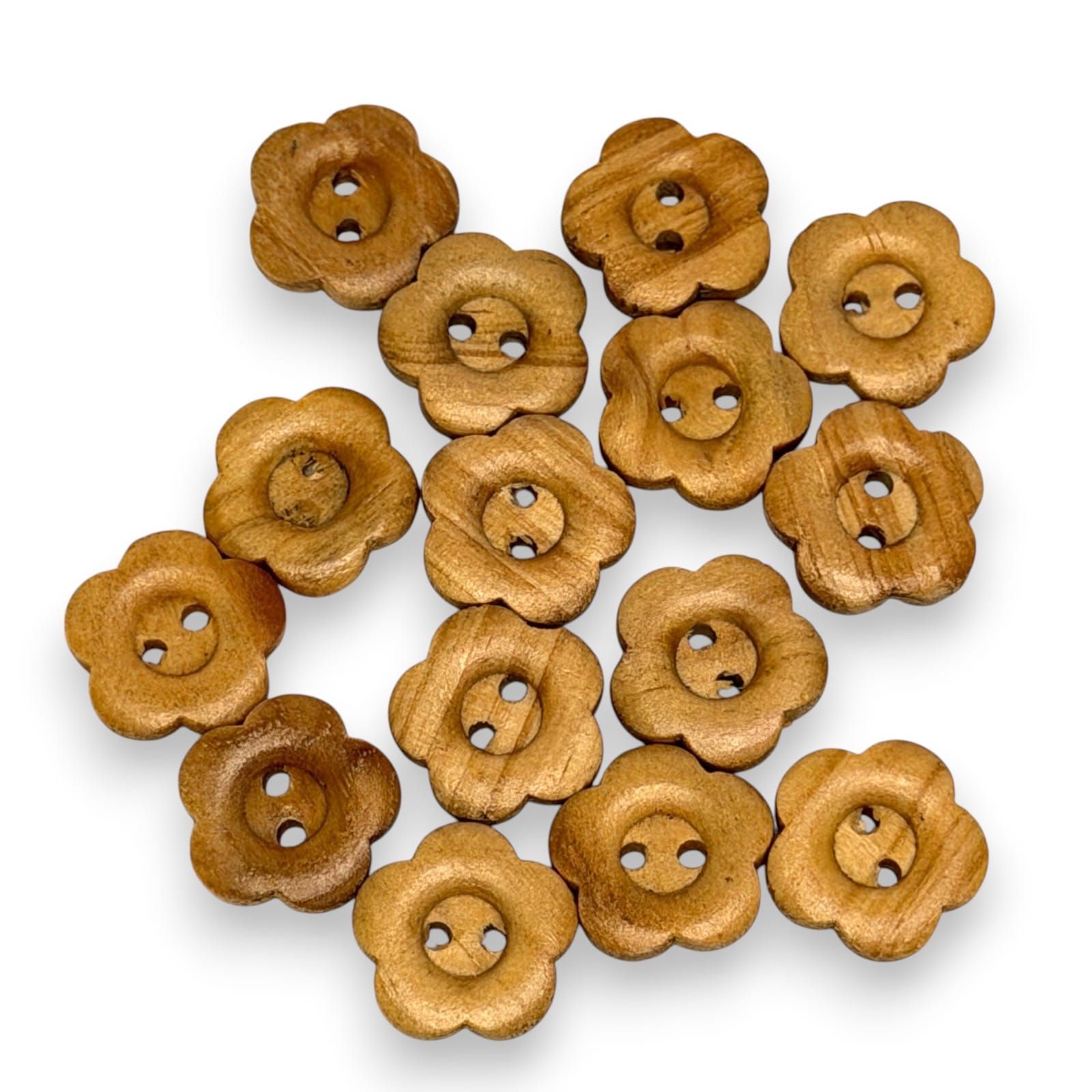 Vintage 1960s 15mm Wood Flower Sew-Through Buttons Sewing Notions Lot of 15