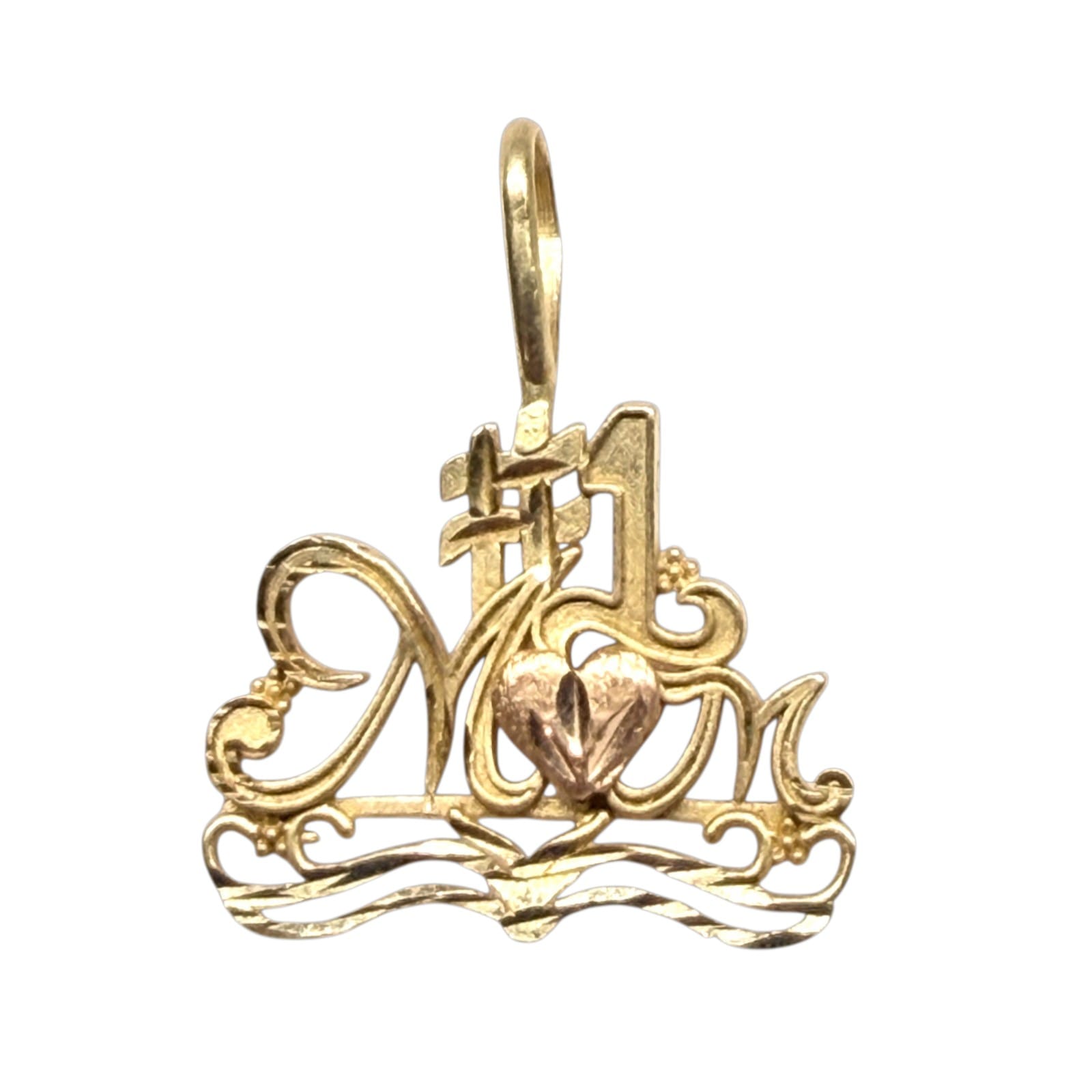 Vintage 1980s 14K Yellow Gold #1 Mom Heart Pendant Two-Tone Rose Accent Charm