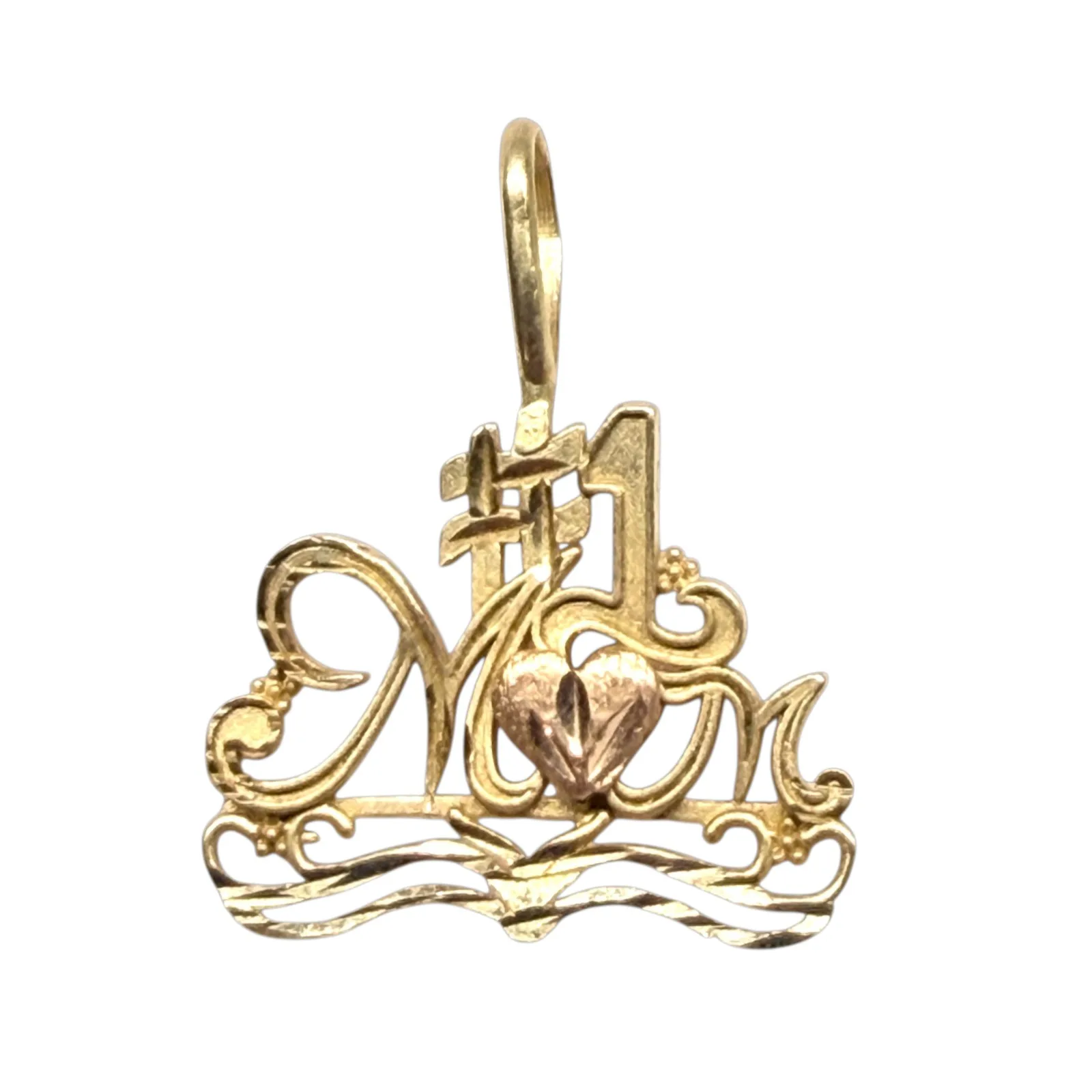 Vintage 1980s 14K Yellow Gold #1 Mom Heart Pendant Two-Tone Rose Accent Charm