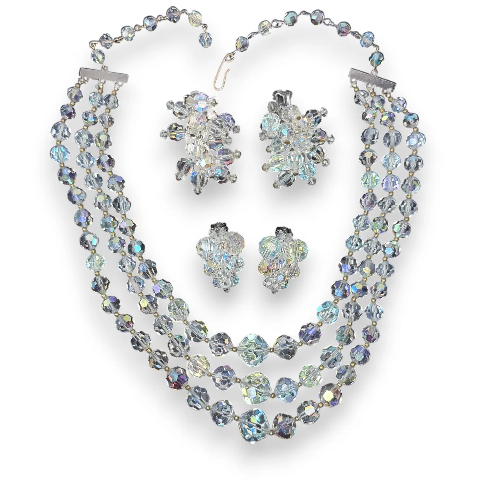 1950s Aurora Borealis Crystal Glass 3-Strand Necklace Set 2 Pair Clip Earrings