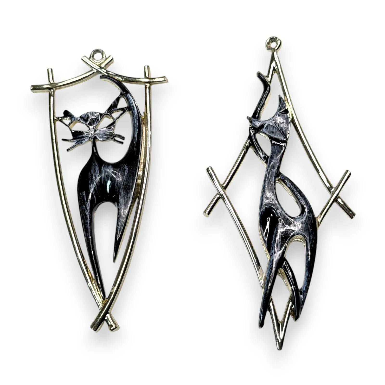 c.1960 Modernist Black White Enamel Halloween Cat MCM Pendant Gold Tone Lot of 2