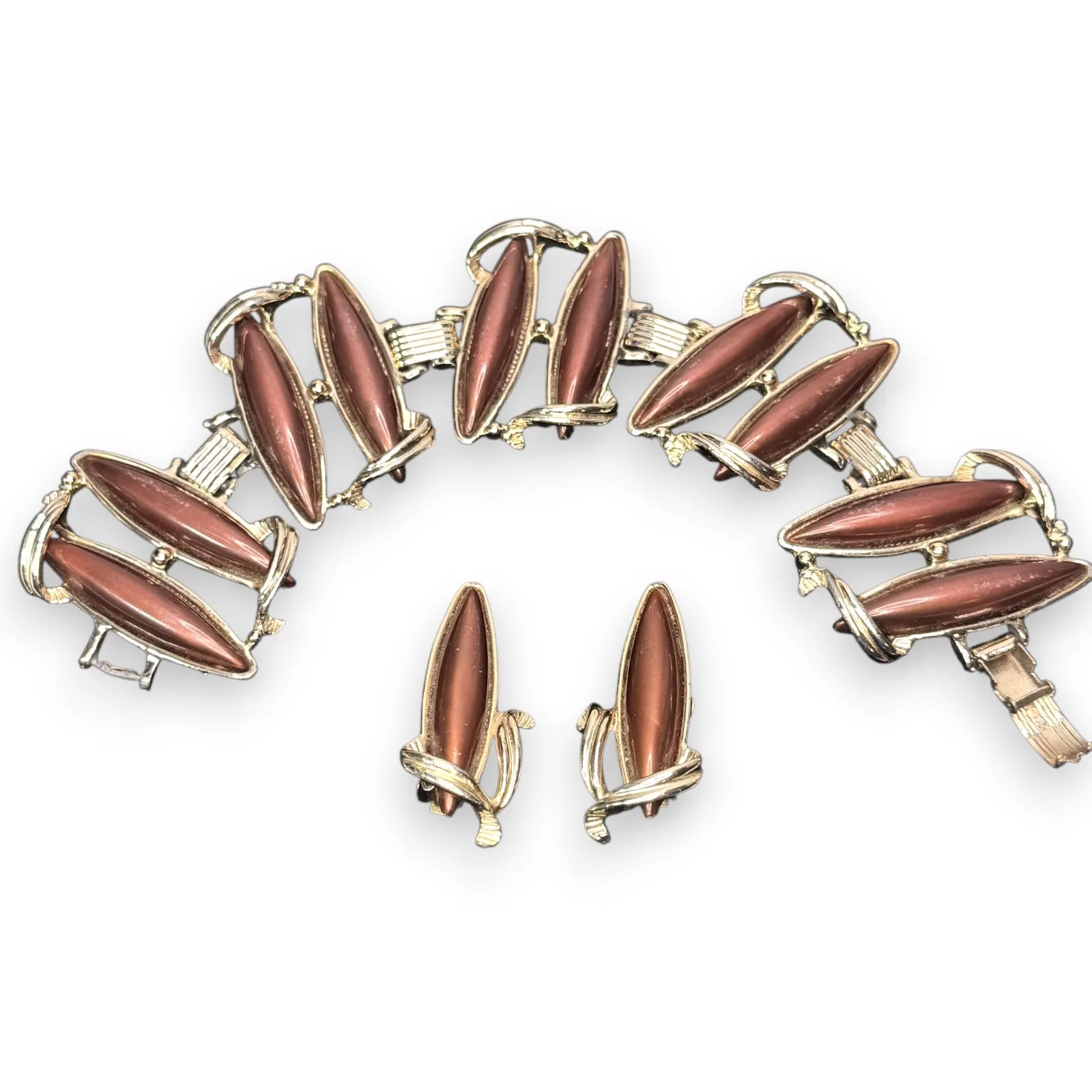 1950s Unsigned Brown Thermoset Lucite Bracelet Clip Earrings Gold Tone Set MCM