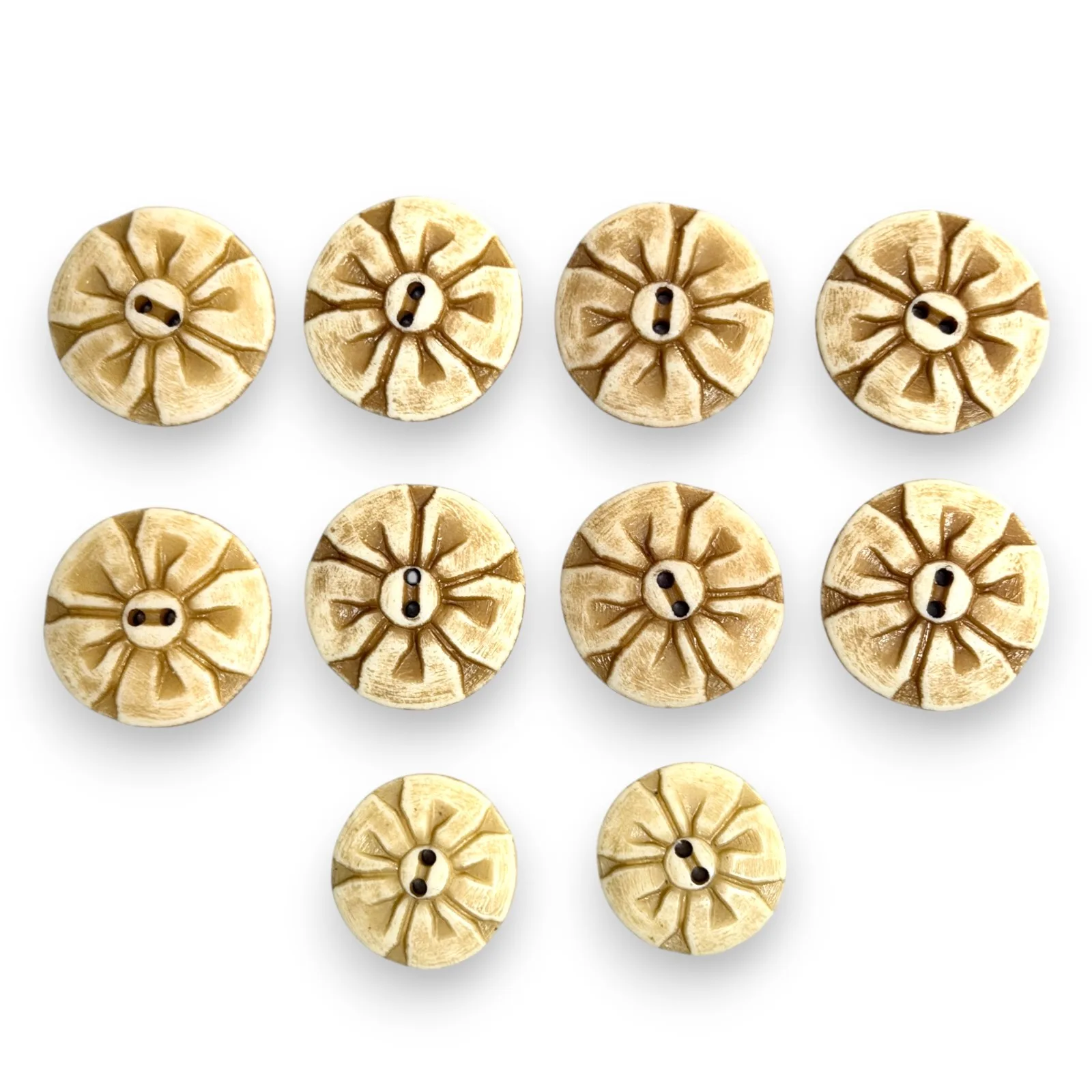 Carved Bovine Bone Coat Buttons Floral Sunburst 30mm 25mm c1900 Sewing Lot of 10