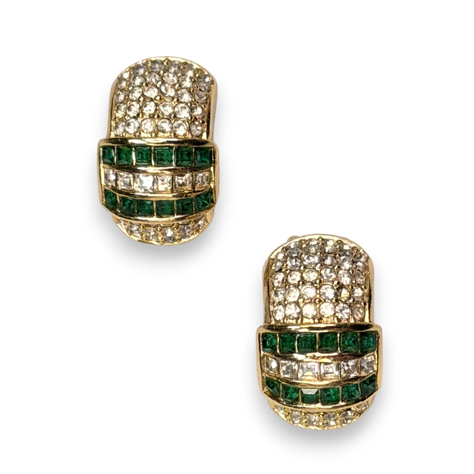 1980s Christian Dior Green Clear Rhinestone Gold Tone Clip-On Earrings Signed
