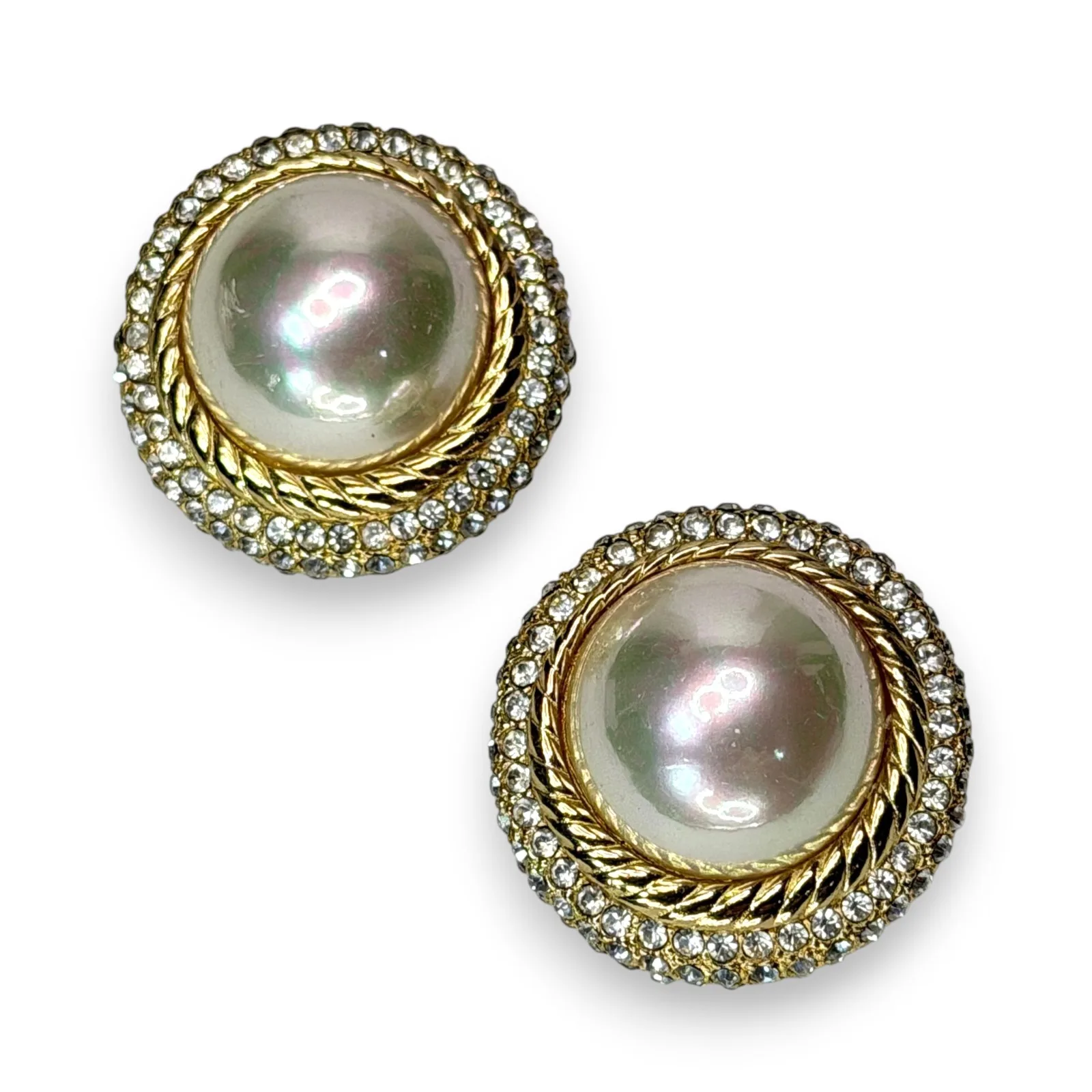 1980s Christian Dior Faux Pearl Rhinestone Gold Clip-On Earrings Round Signed