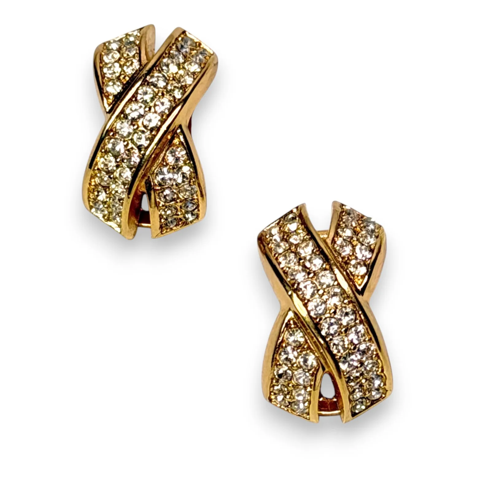 1980s Christian Dior Rhinestone X Clip On Earrings Gold Tone Signed 23mm Pair