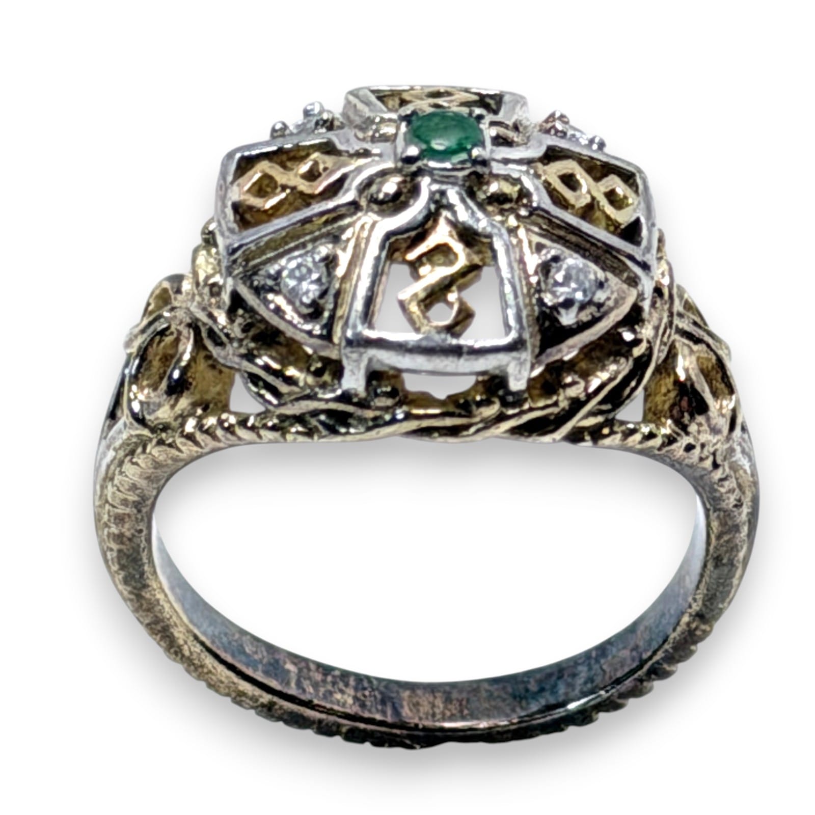 Vintage 1990s 925 Gold-Plated Sterling Silver Chrysoprase Openwork Ring Size 6.5