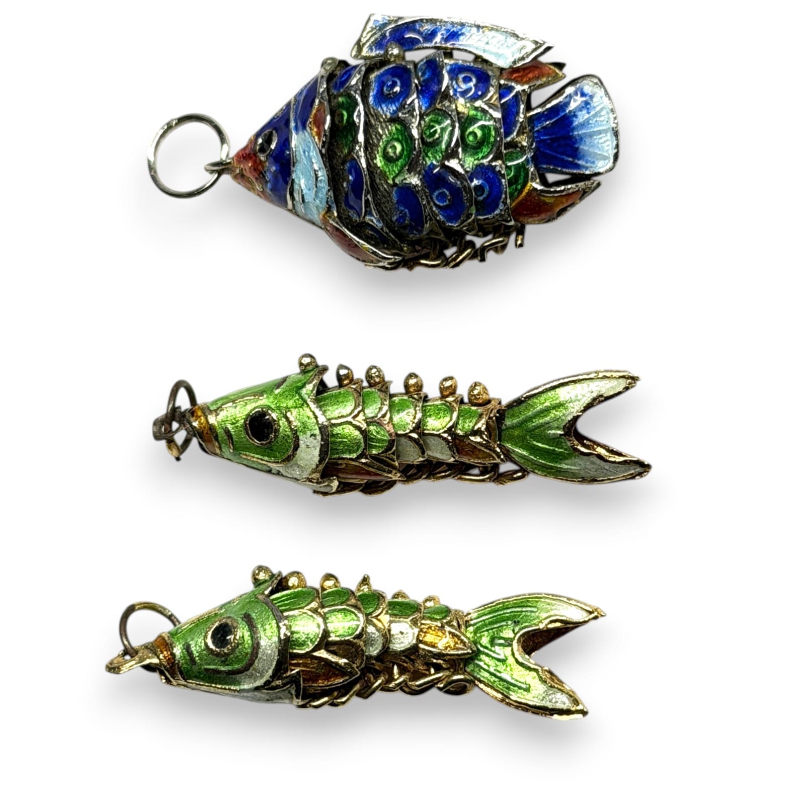 1980s Articulated Cloisonne Enamel Koi Fish Pendant Charms Gold Tone Lot of 3