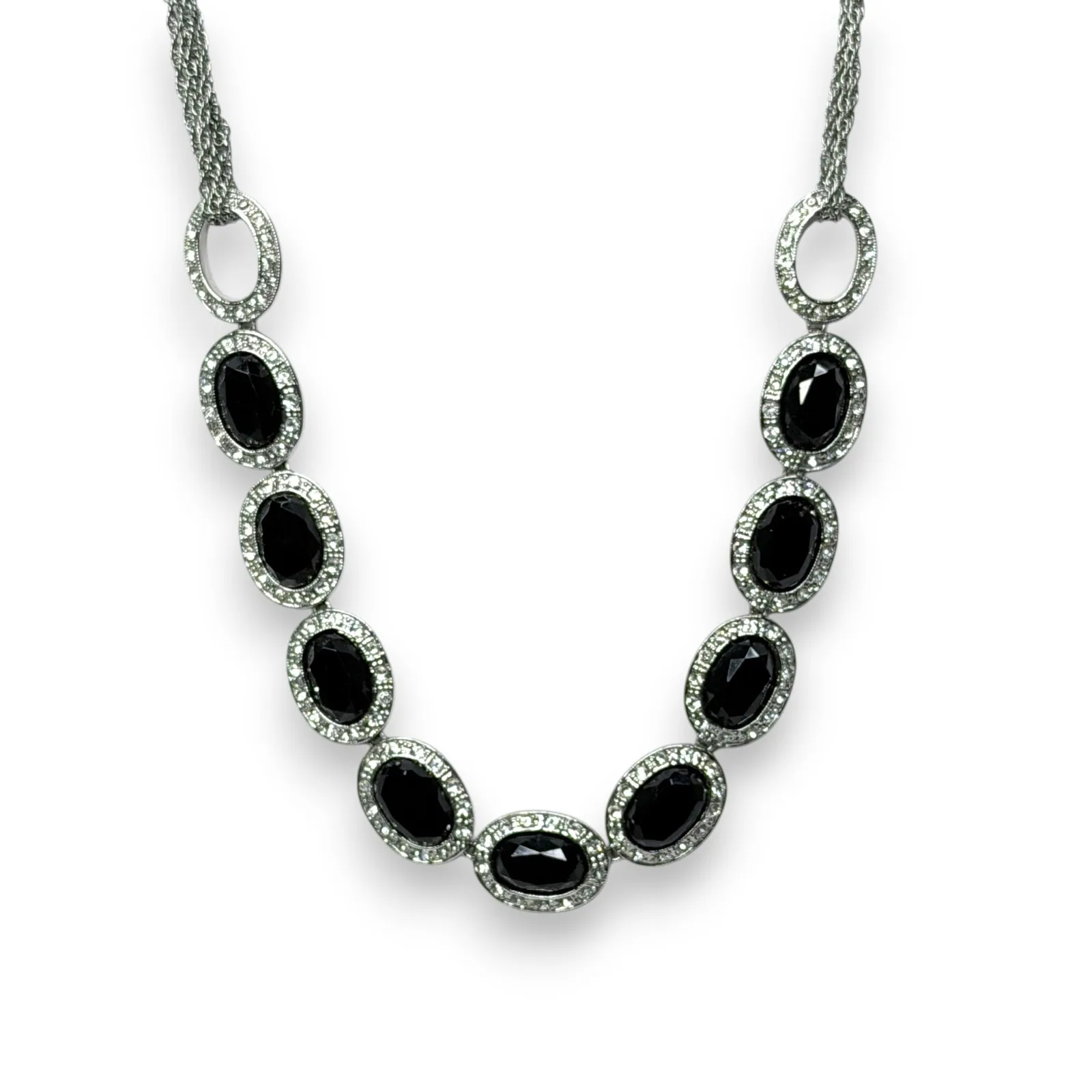 1960s Monet Black Oval Acrylic Rhinestone Silver Tone Toggle Station Necklace