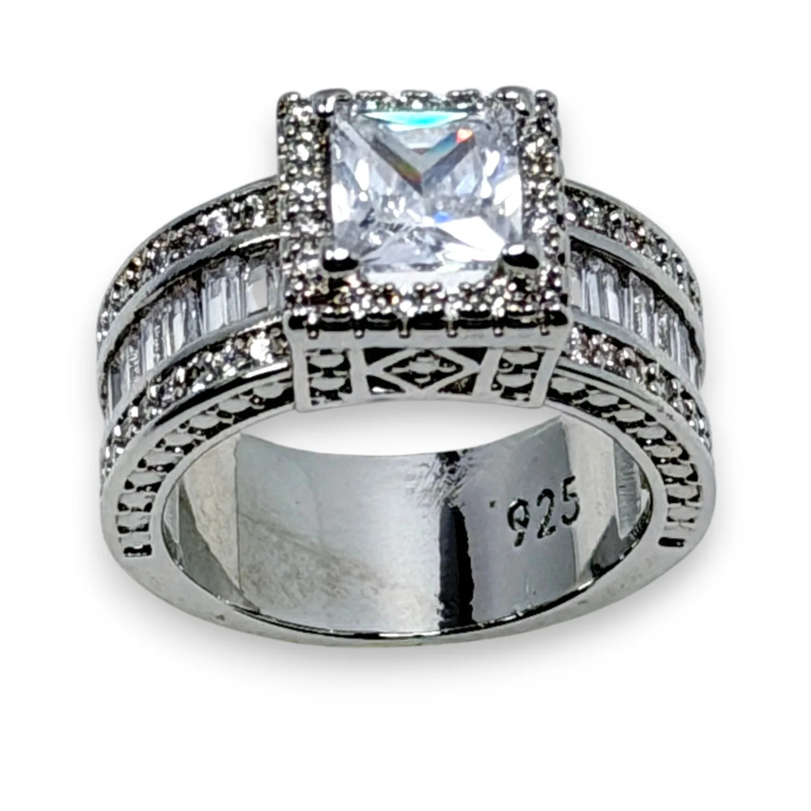 c.2000 Sterling Silver 925 Halo Ring With Baguette Glass Stones 9.5mm Size 5.5