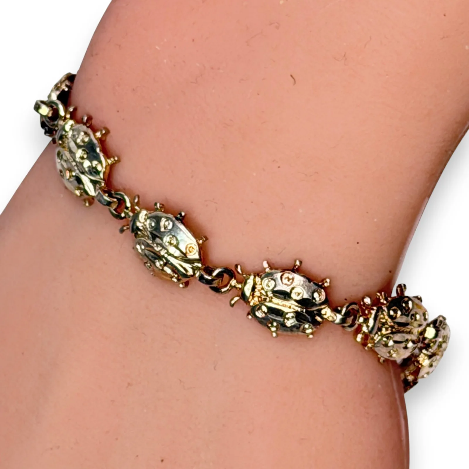 1990s 925 Sterling Silver Ladybug Figural Link Bracelet Insect Animal 7.25 In