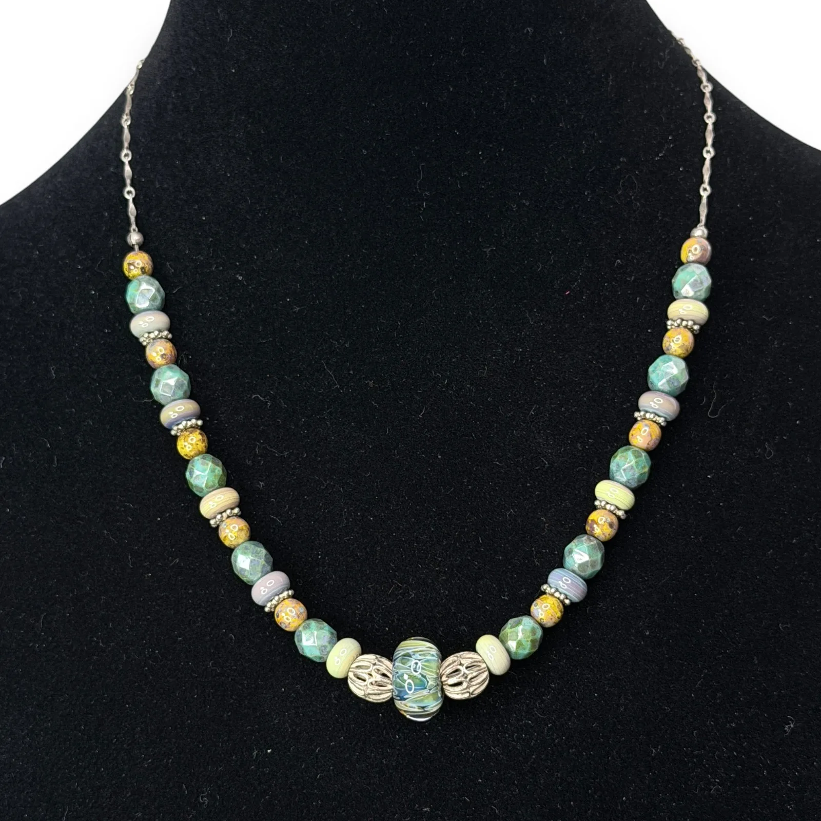 1990s Artisan Sterling Silver Glass Acrylic Bead Necklace 18 Inch 925 Clasp