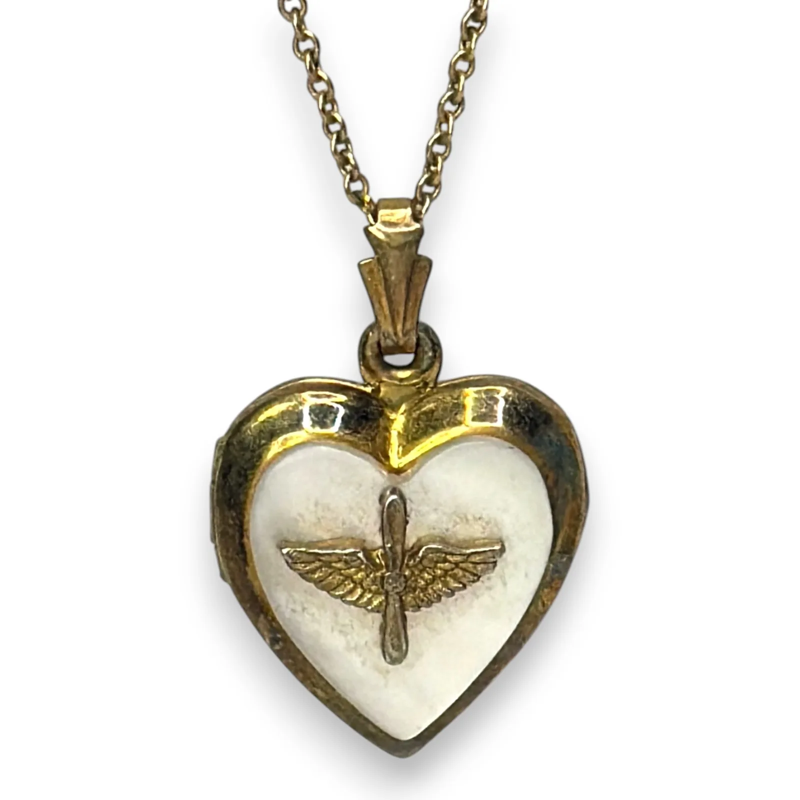 c.1950 Sweetheart Air Wings Locket Necklace 1/10 14K GF Mother-Of-Pearl Heart