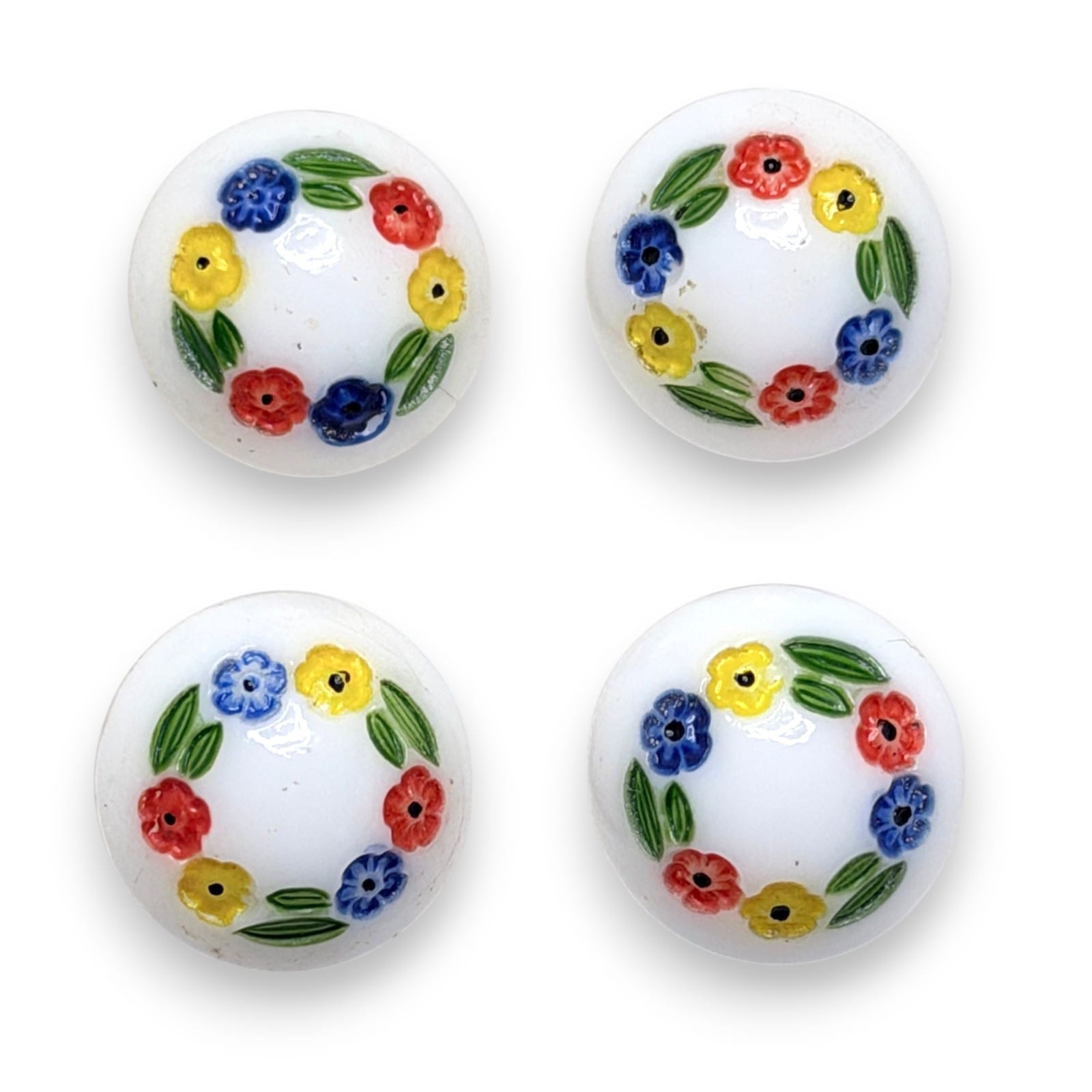 Lot 4 1950s Czech White Milk Glass Floral Wreath Molded Self Shank Buttons 18mm